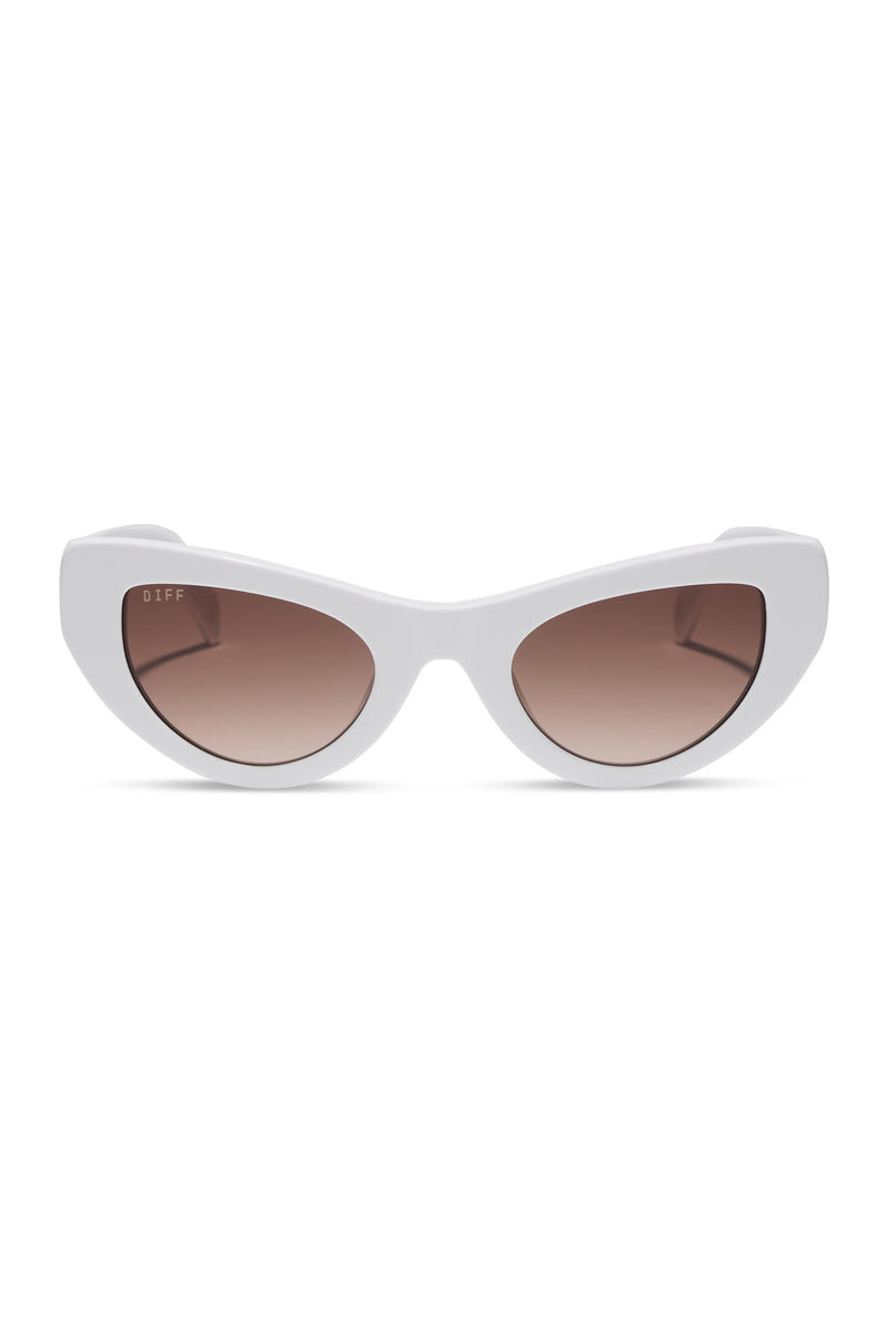 White cat-eye sunglasses with brown gradient lenses on a white background