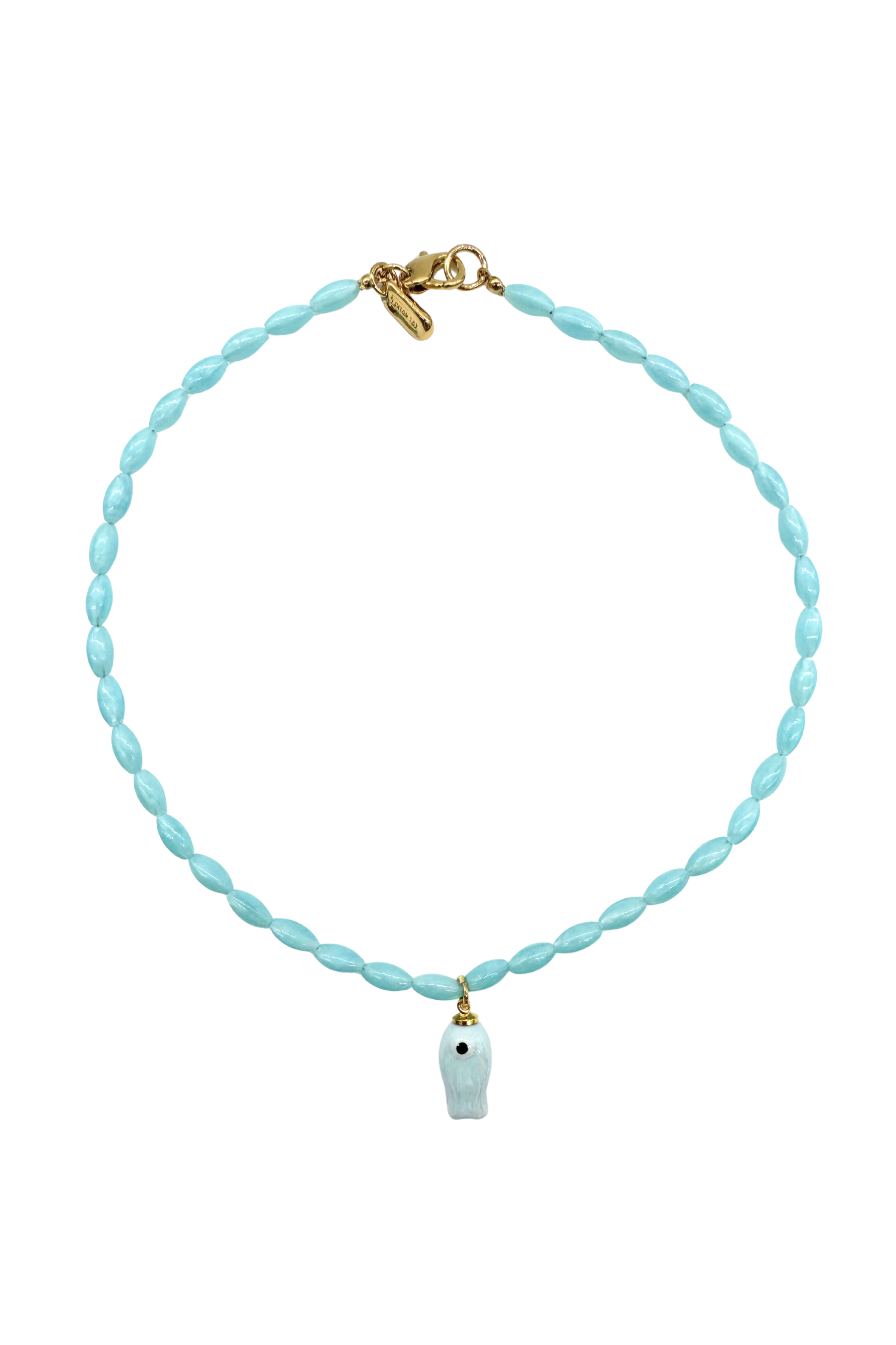 A light blue twisted beaded necklace with a small white and blue fish charm and gold-tone clasp, shown on a plain white background.