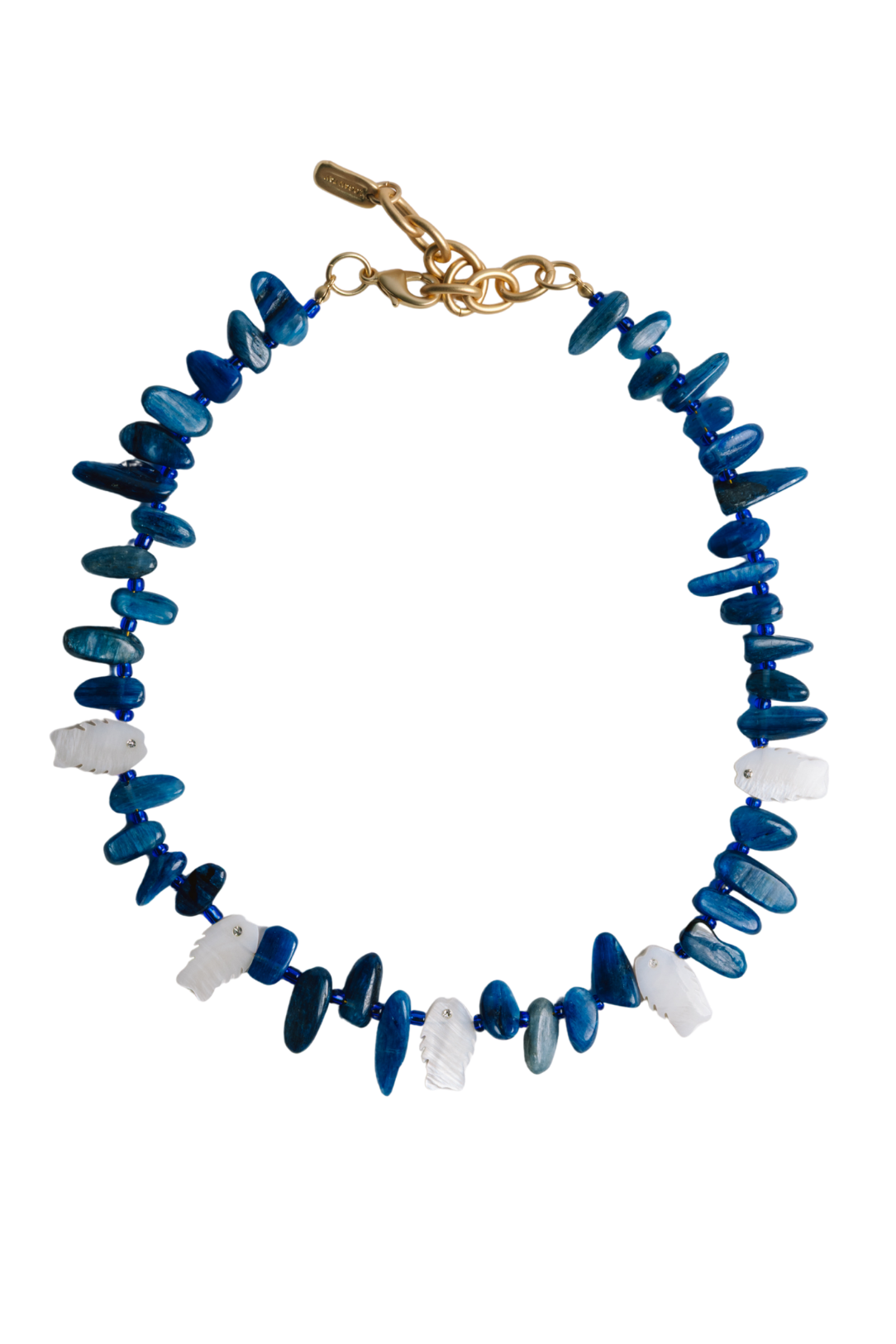 A beaded necklace featuring alternating translucent blue and opaque white disc-shaped beads, finished with a gold-tone lobster clasp, shown on a plain white background.