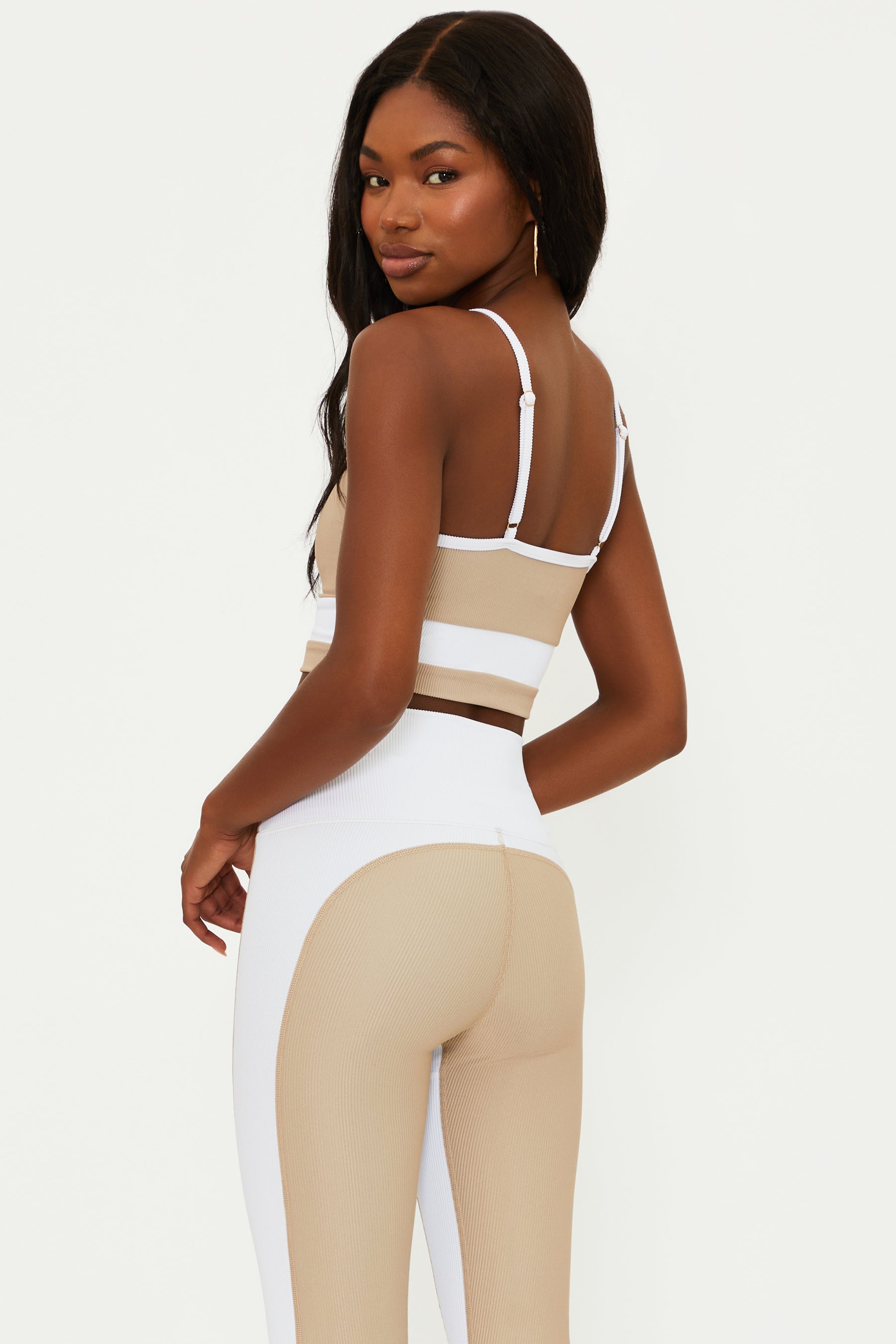 ribbed tan and white sports bra