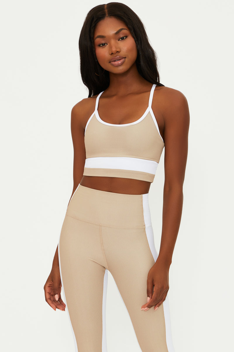 ribbed tan and white sports bra