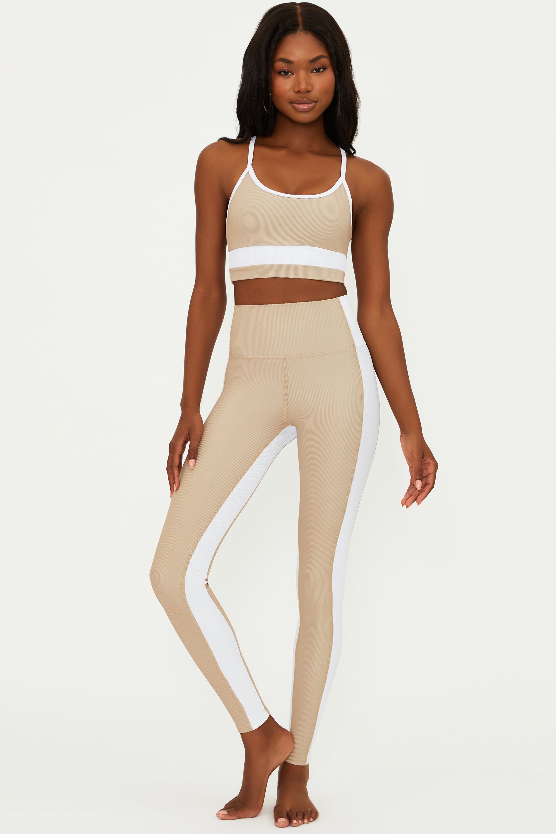 ribbed tan and white full length legging 