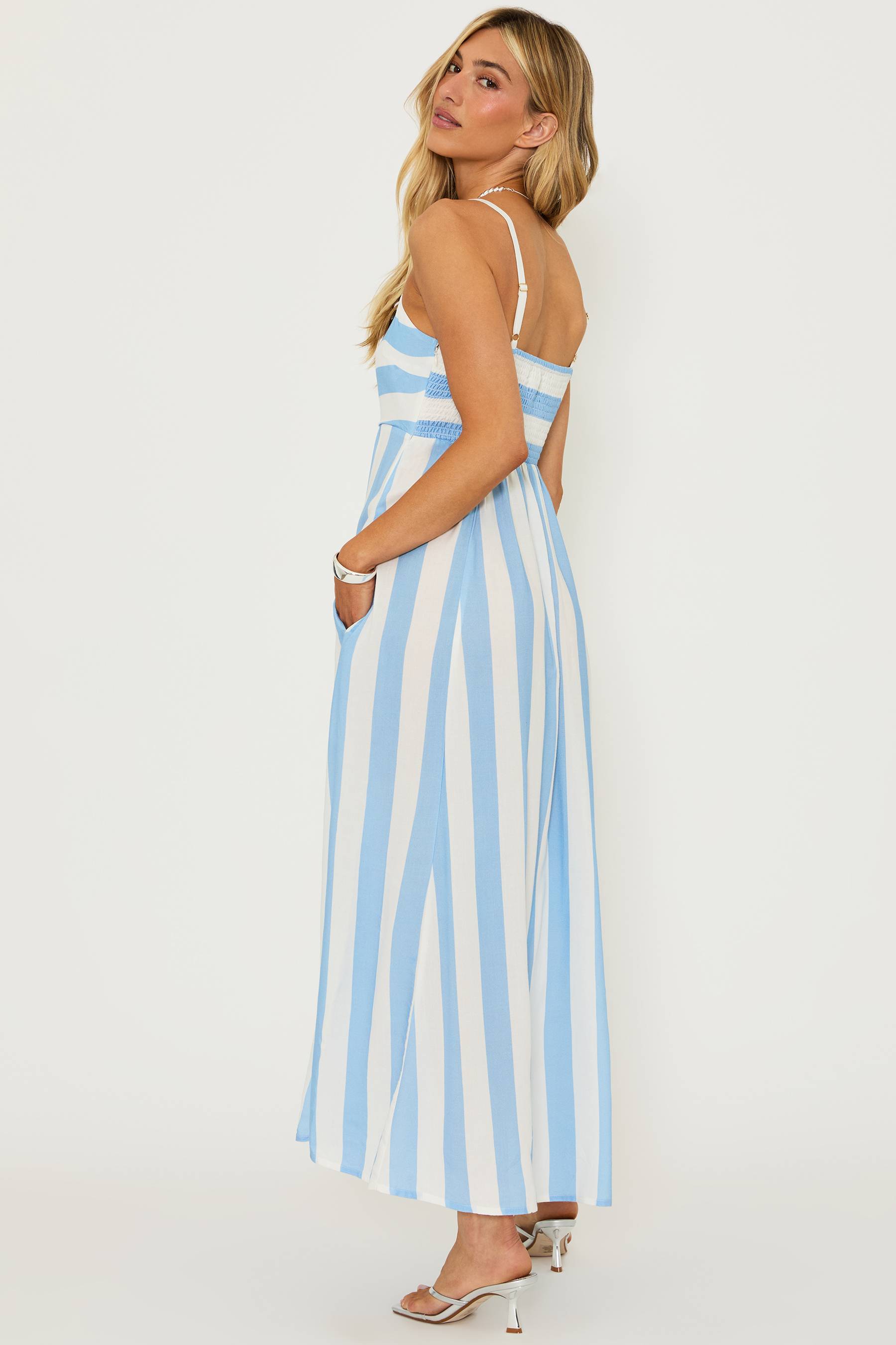 blue and white stripped maxi dress