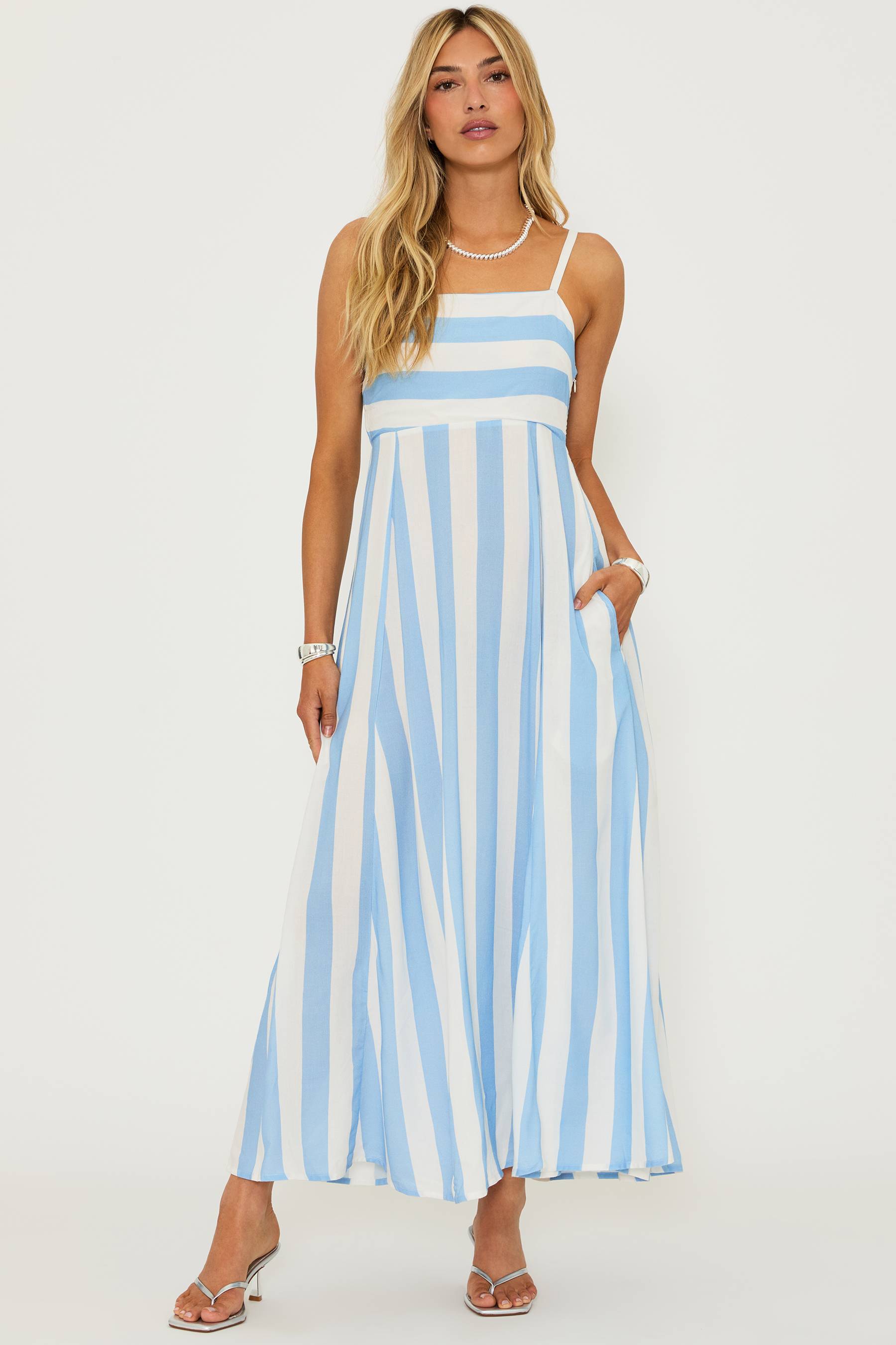 blue and white stripped maxi dress