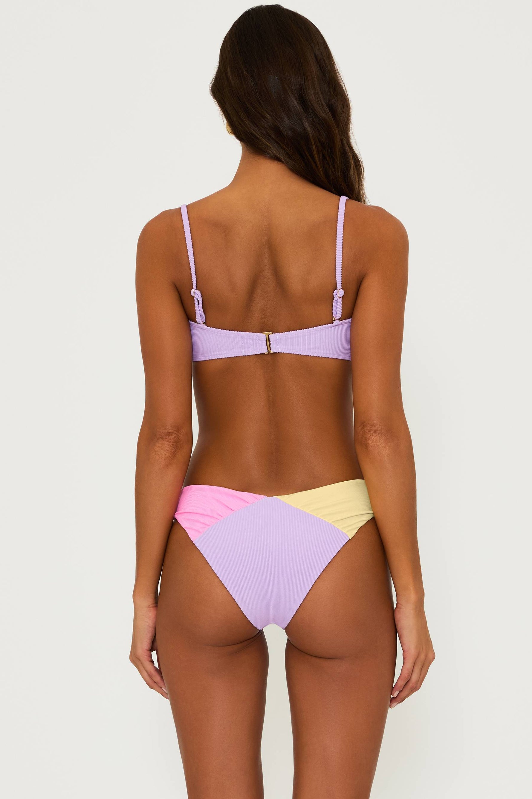 pink, purple and yellow colroblock bandeau ribbed swim top with removable straps