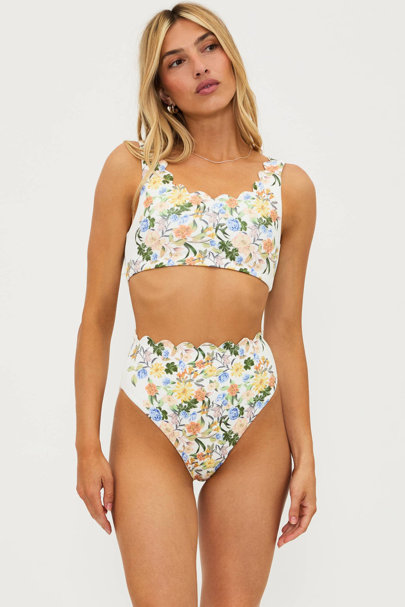 ivory two piece bikini set with floral details and waffle fabric
