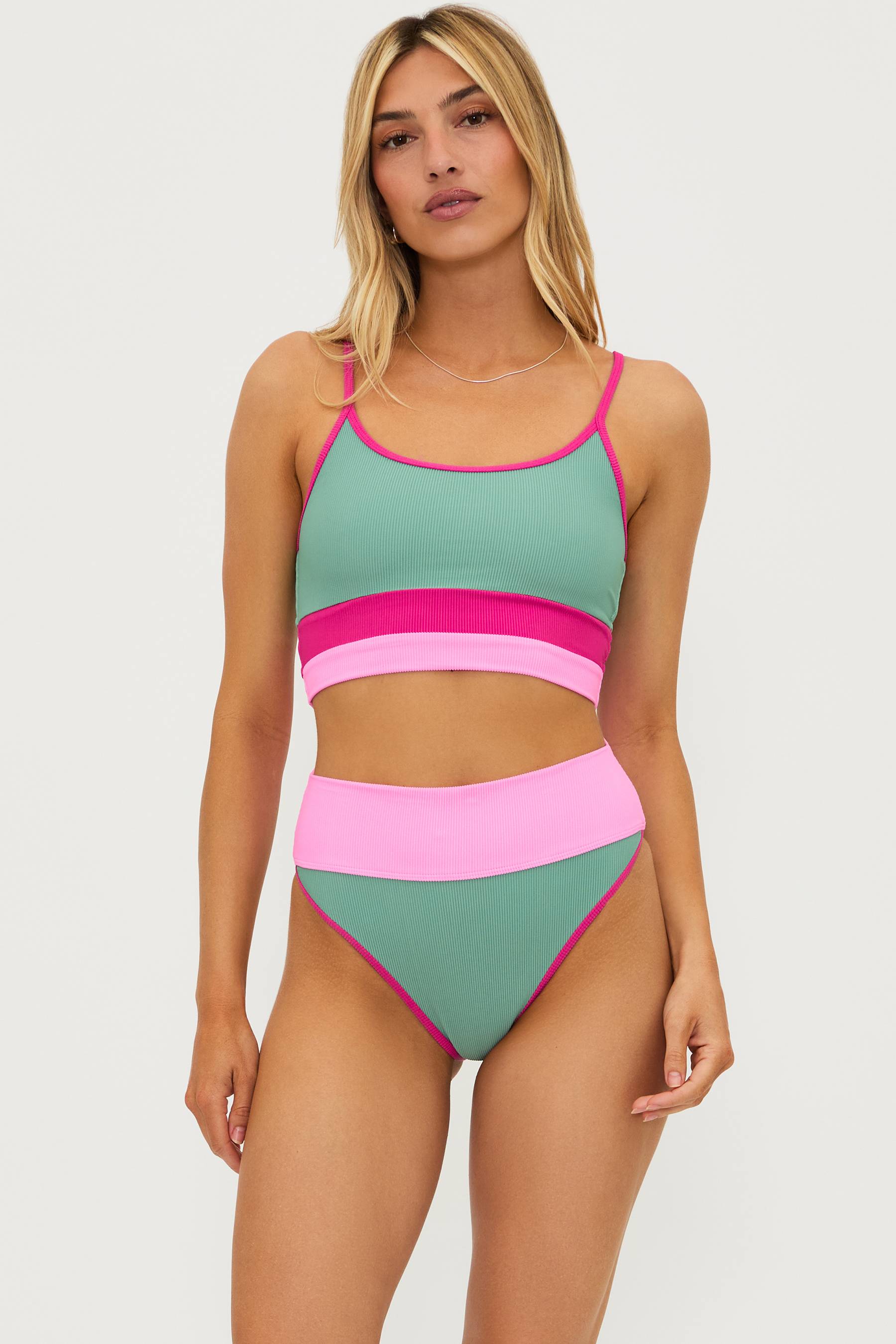 High waist bikini bottom with pink and green ribbed fabric