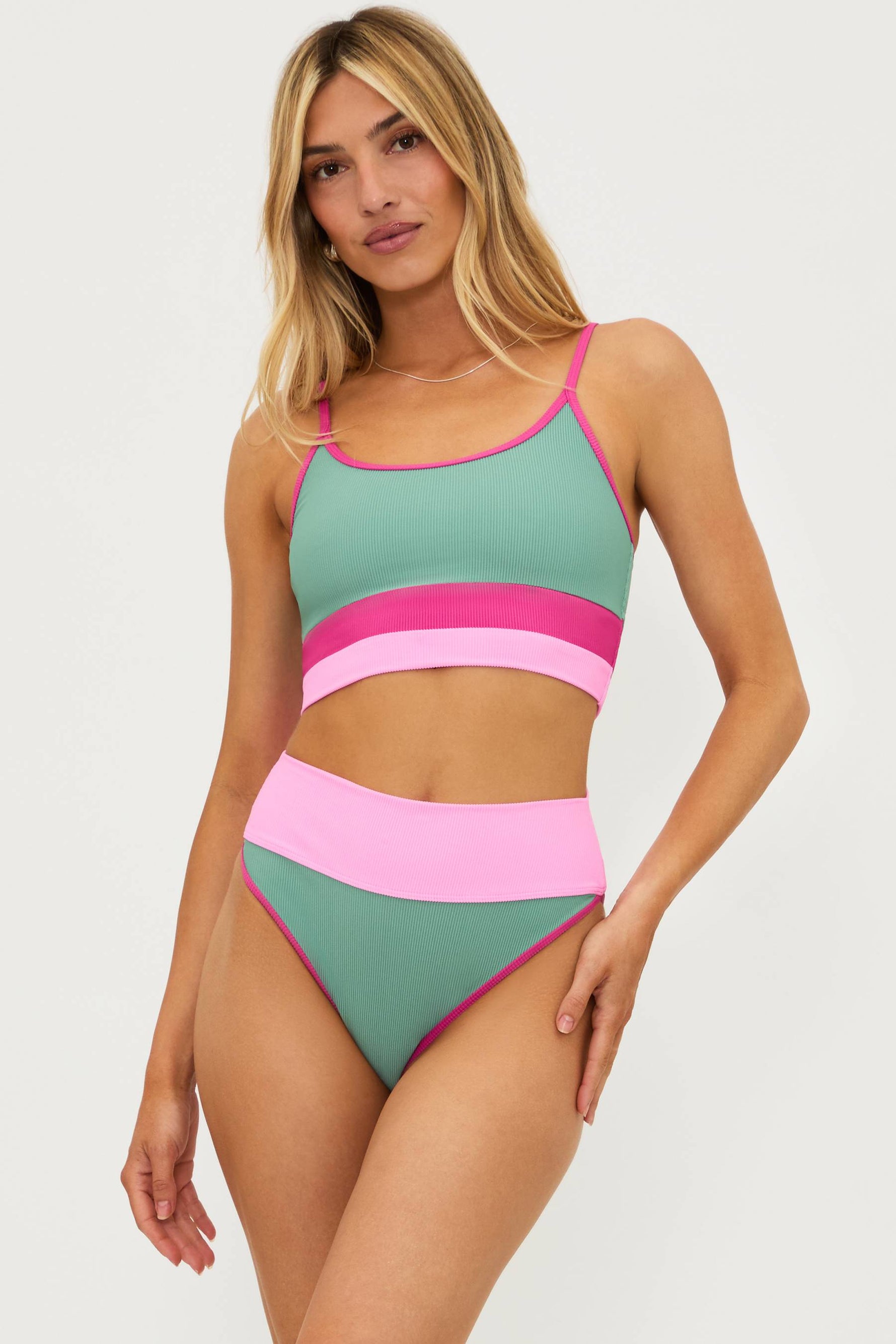 ribbed bralette style bikini top with pink and green colorblock