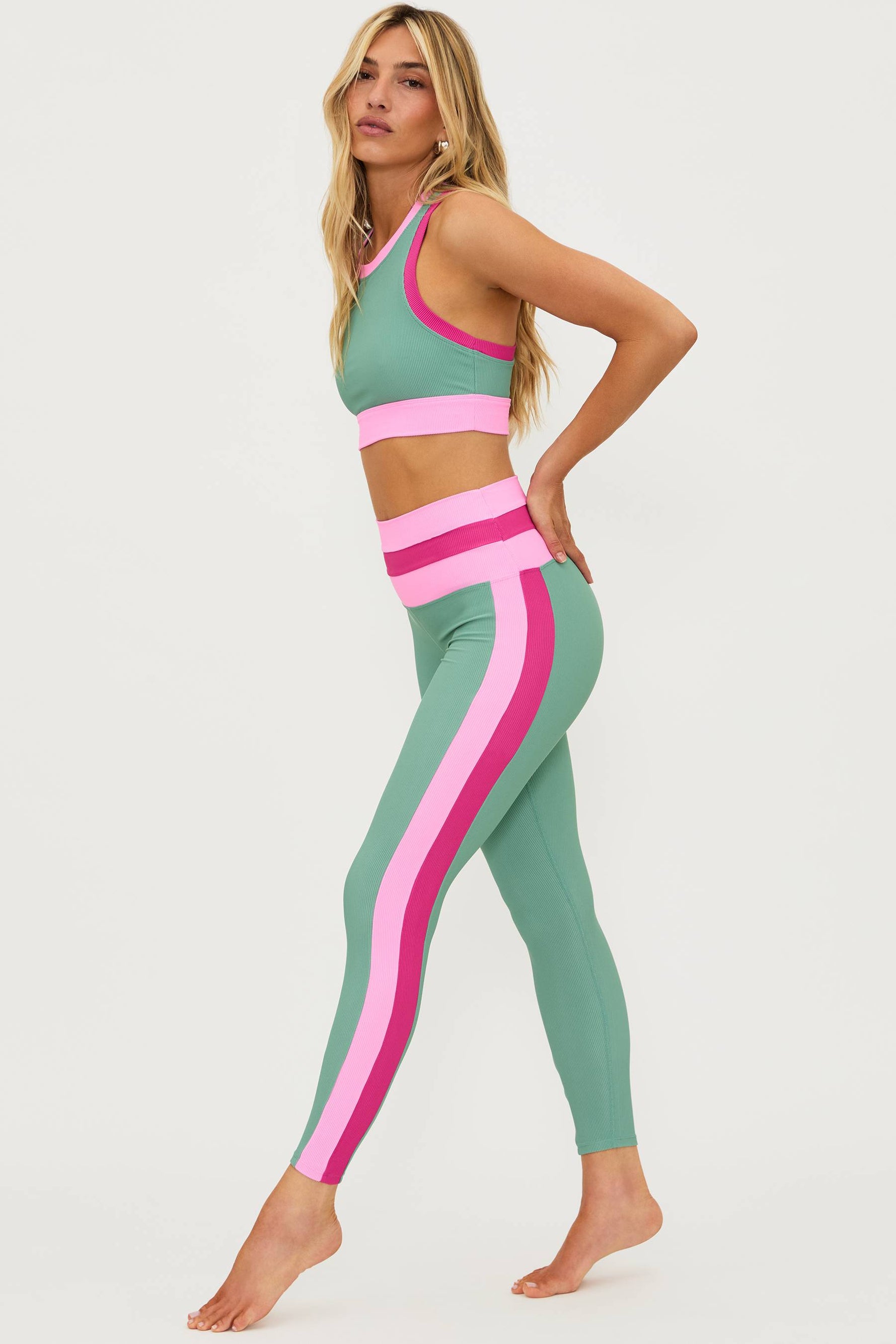 Pink and green ribbed full length colorblock leggings