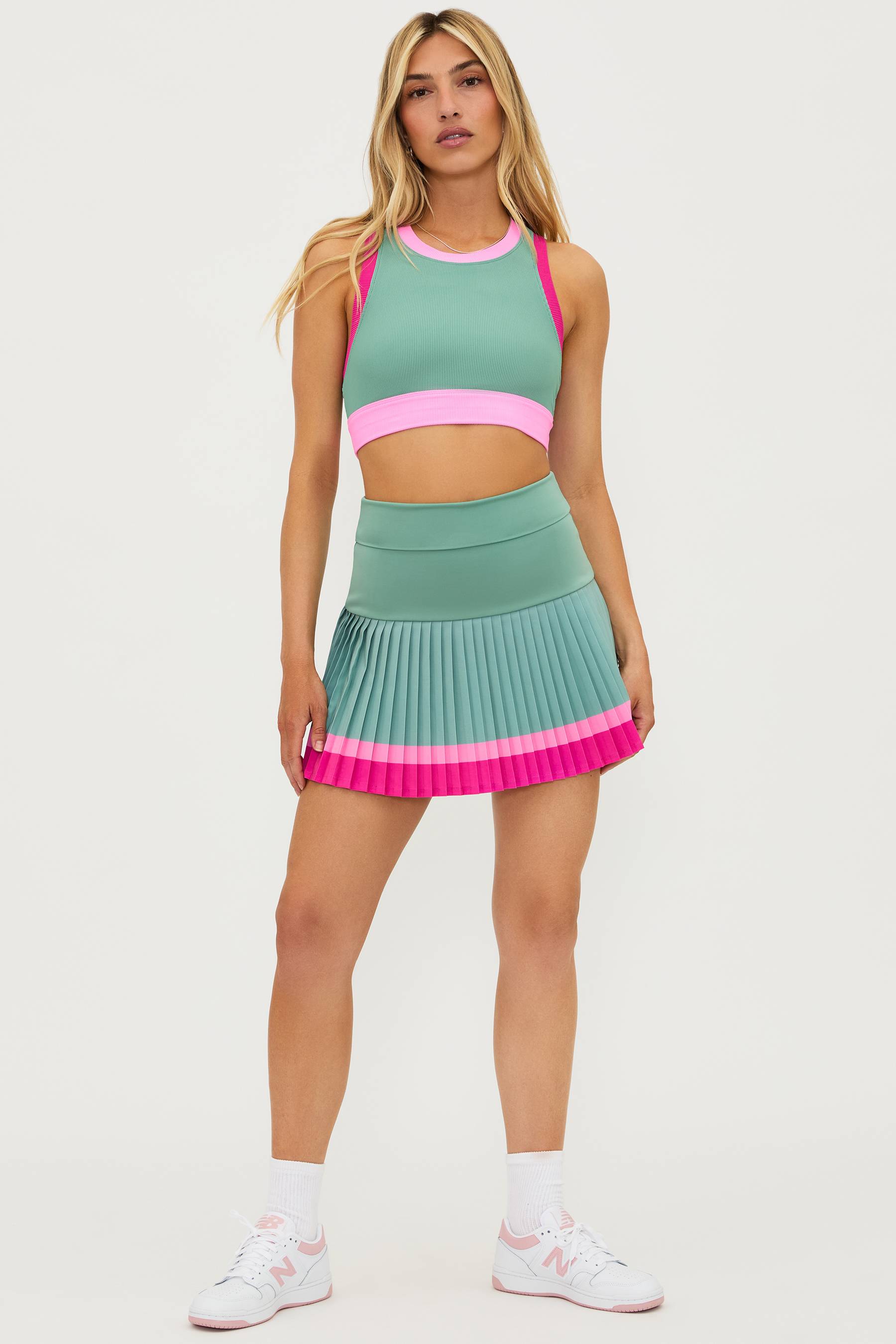 Green and pink colorblock pleated tennis skirt