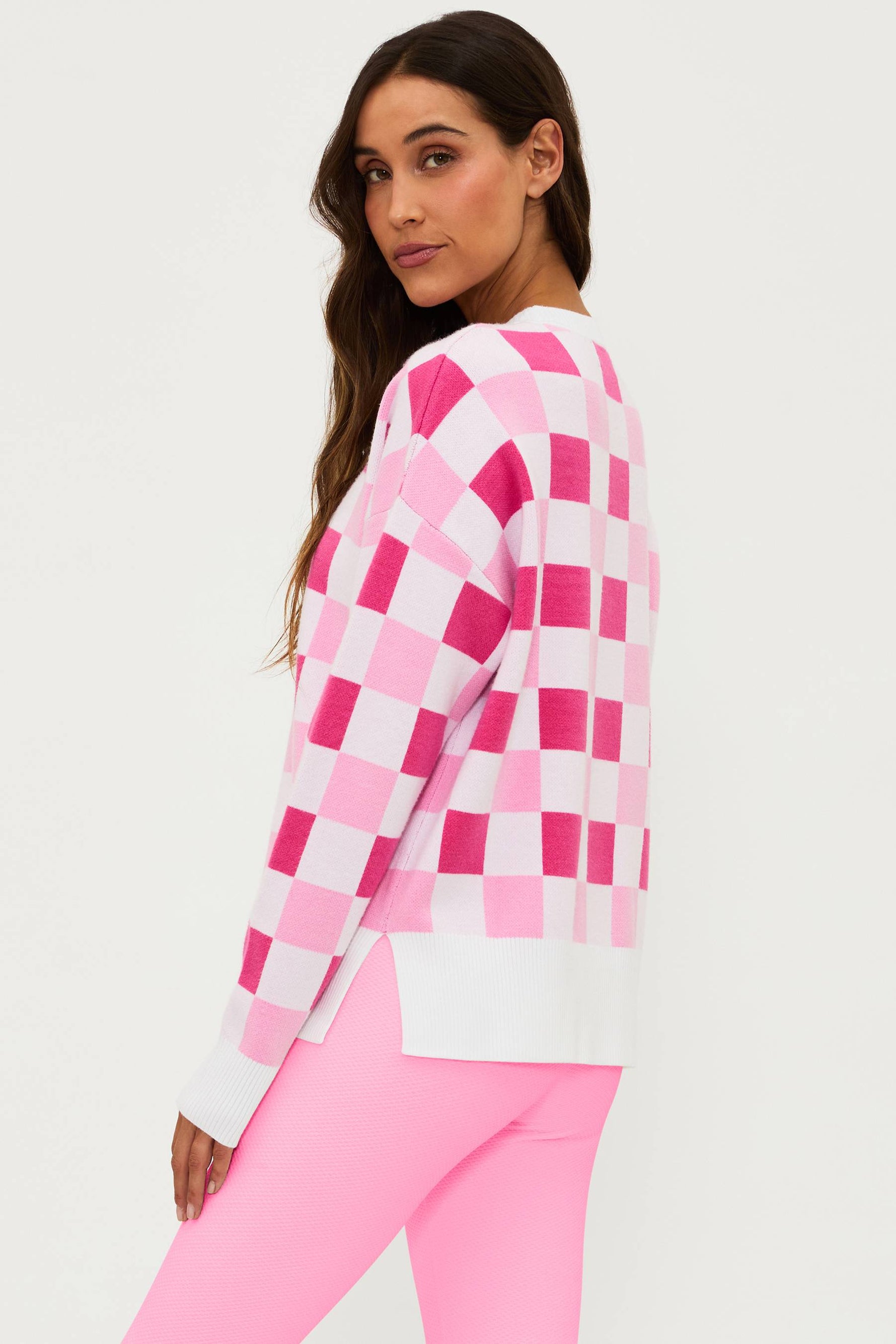 Pink and white checker print sweater