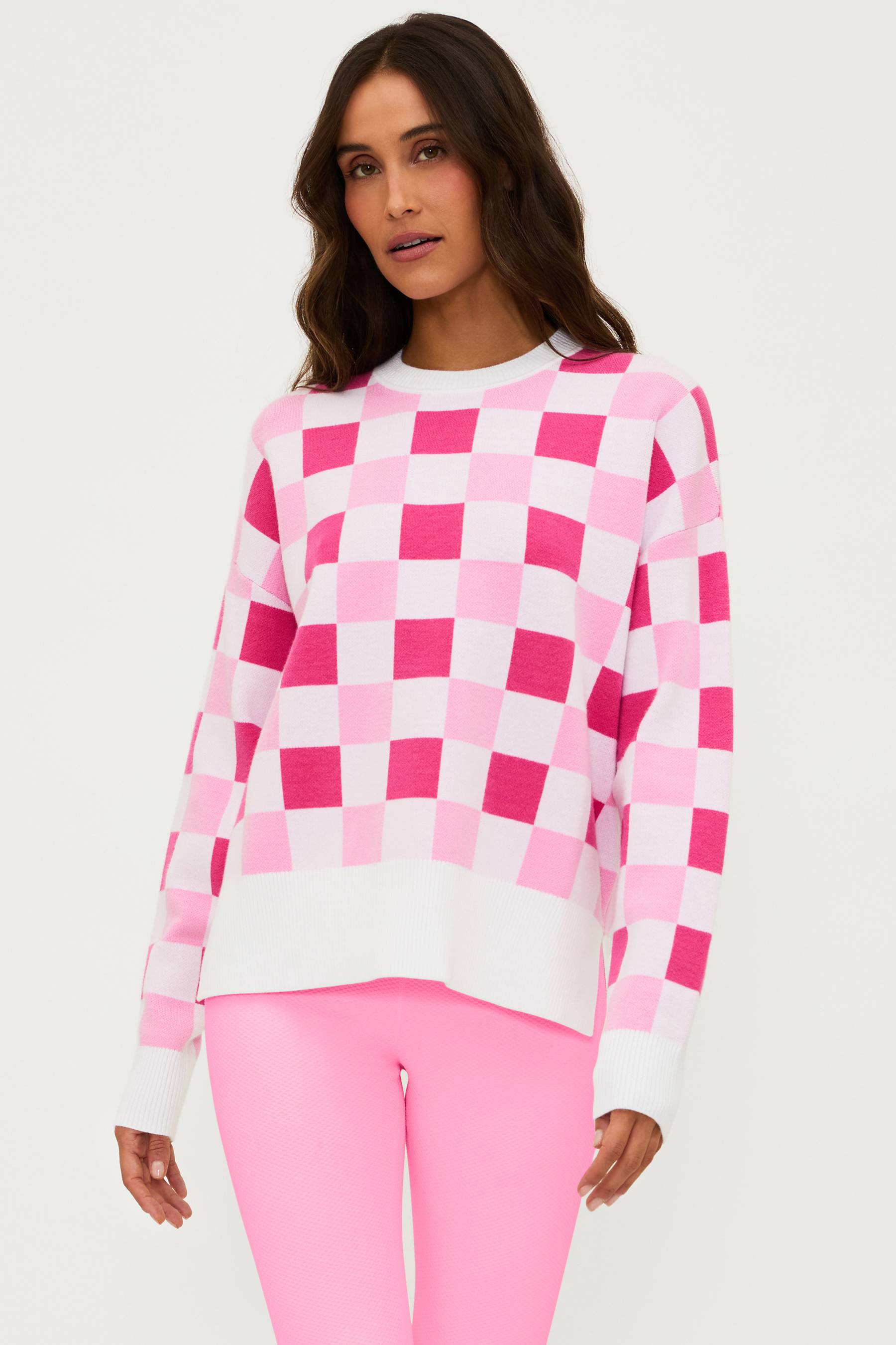 Pink and white checker print sweater