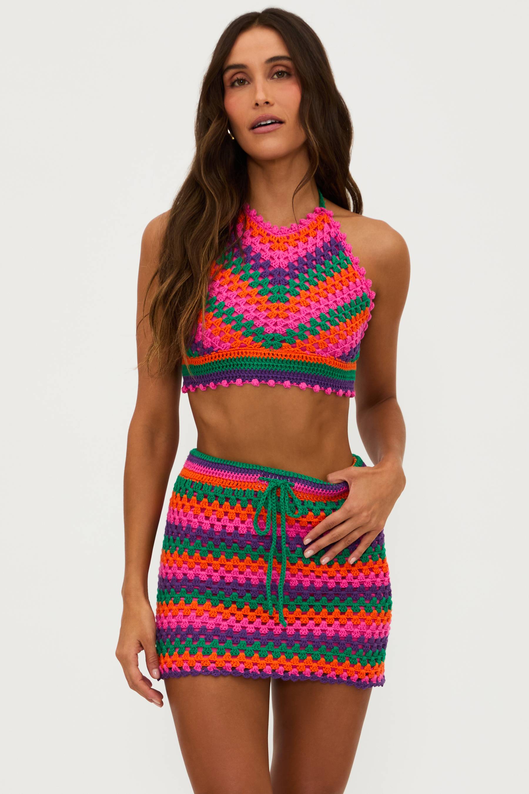 multi colored crochet skirt set