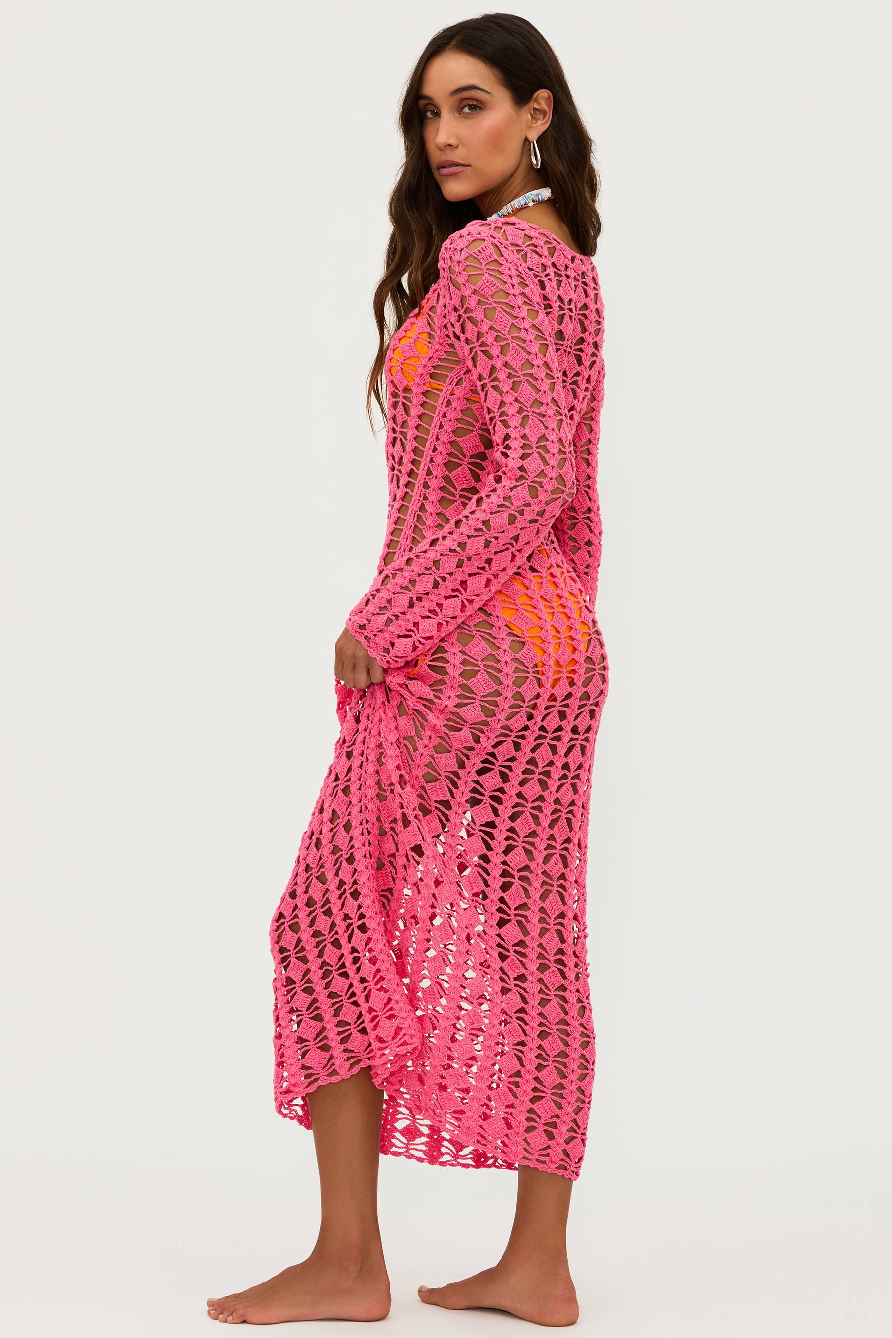 Pink crochet midi dress cover up