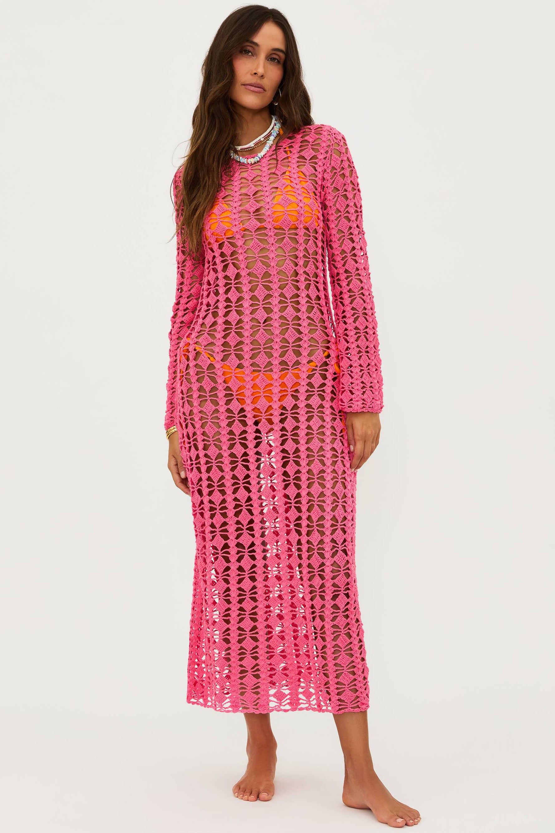 Pink crochet midi dress cover up