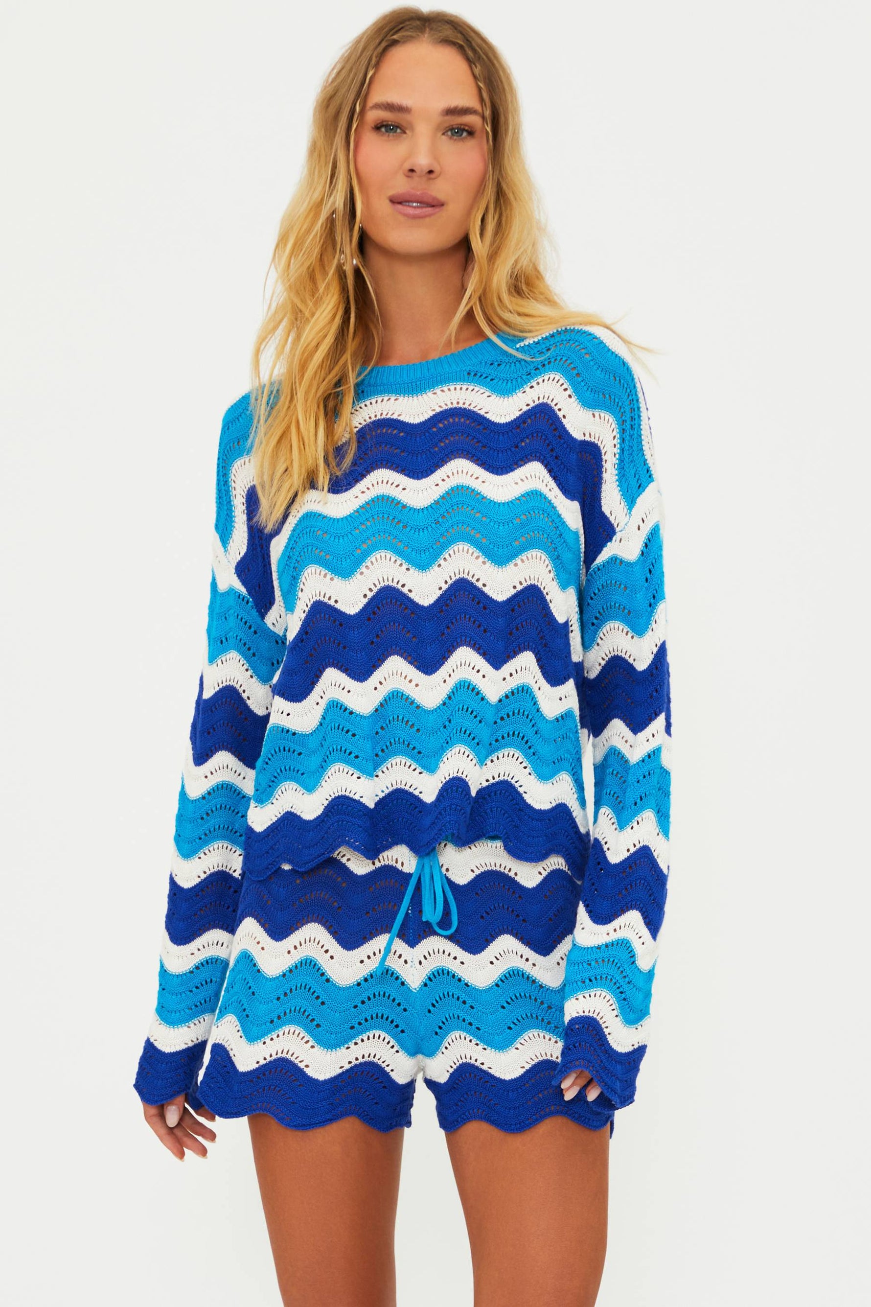 blue and white crochet set