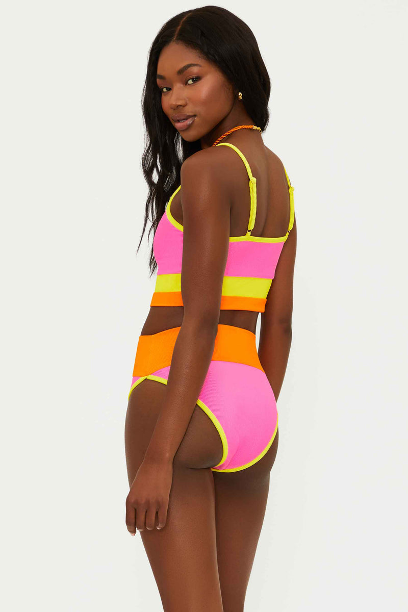 pink yellow and orange ribbed swimsuit