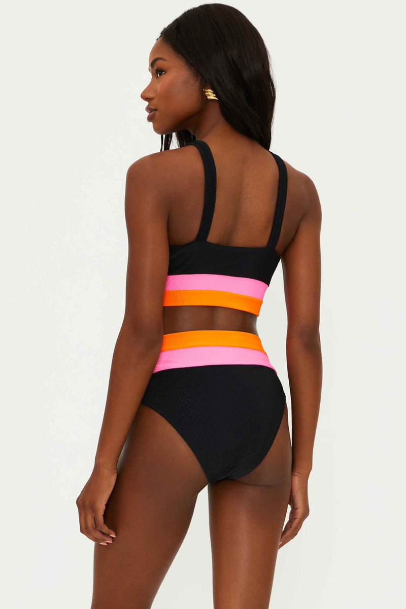 black ribbed swim set with pink and orange colorblock bands