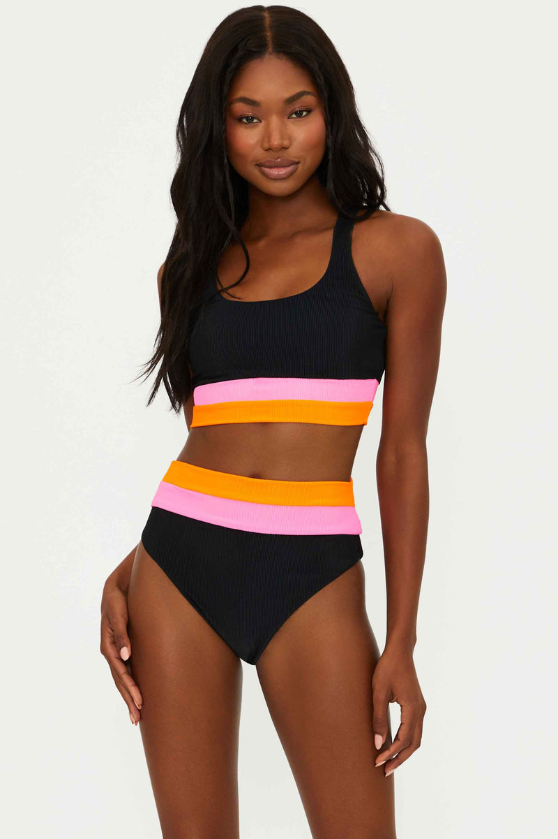 black ribbed swim set with pink and orange colorblock bands