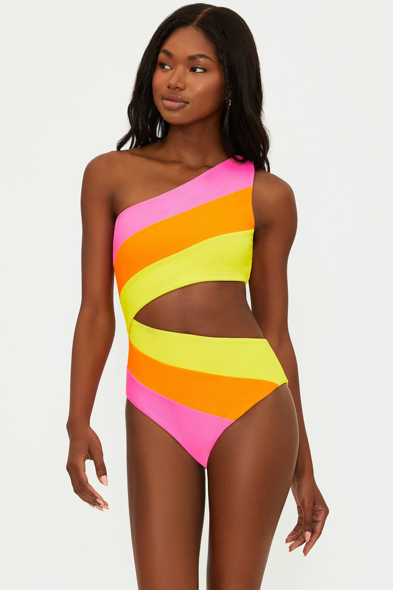 pink yellow and orange ribbed swimsuit