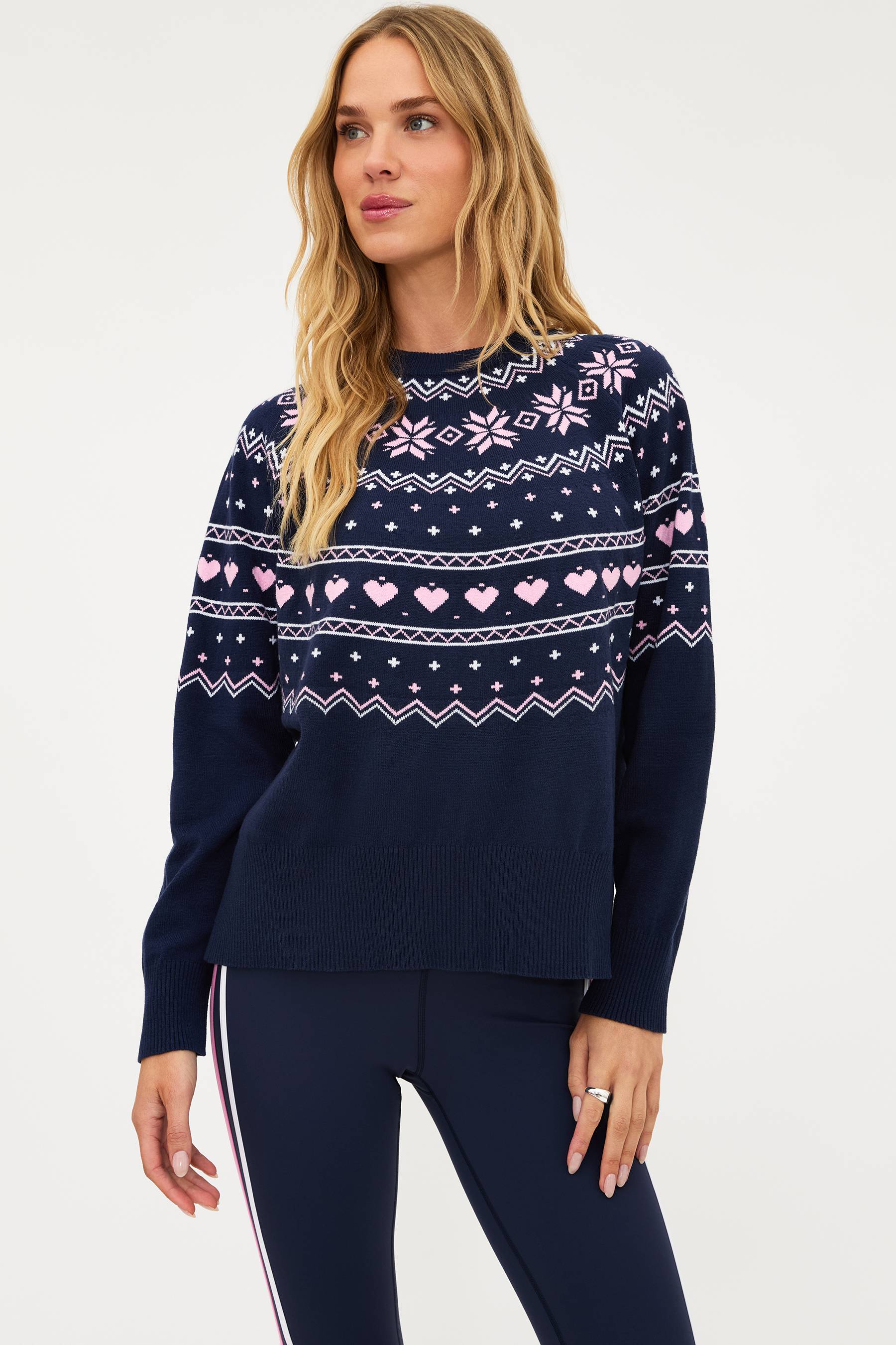 Navy sweater with pink and white fairisle print