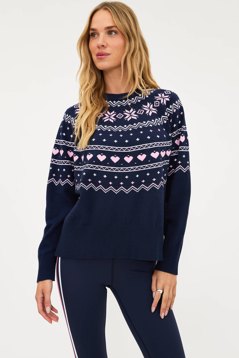 Navy sweater with pink and white fairisle print