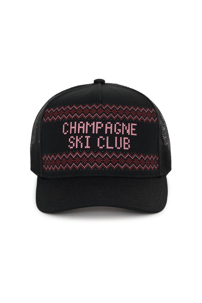 Black cap with 'Champagne Ski Club' text on a white background