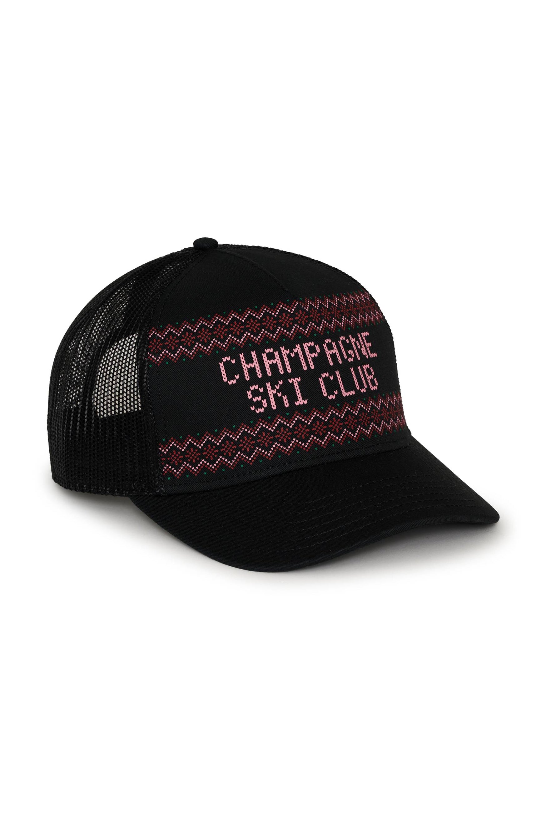 Black cap with 'Champagne Ski Club' text on a white background