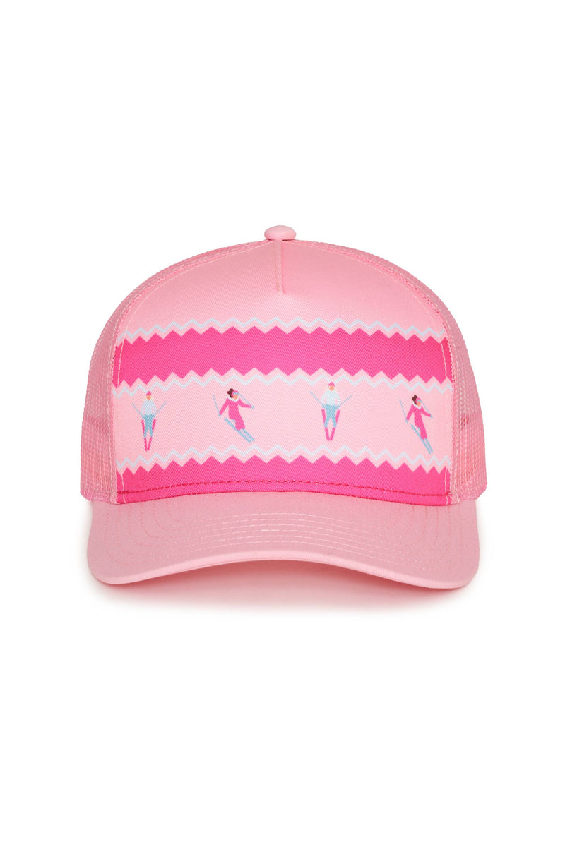Pink cap with colorful graphic on a white background