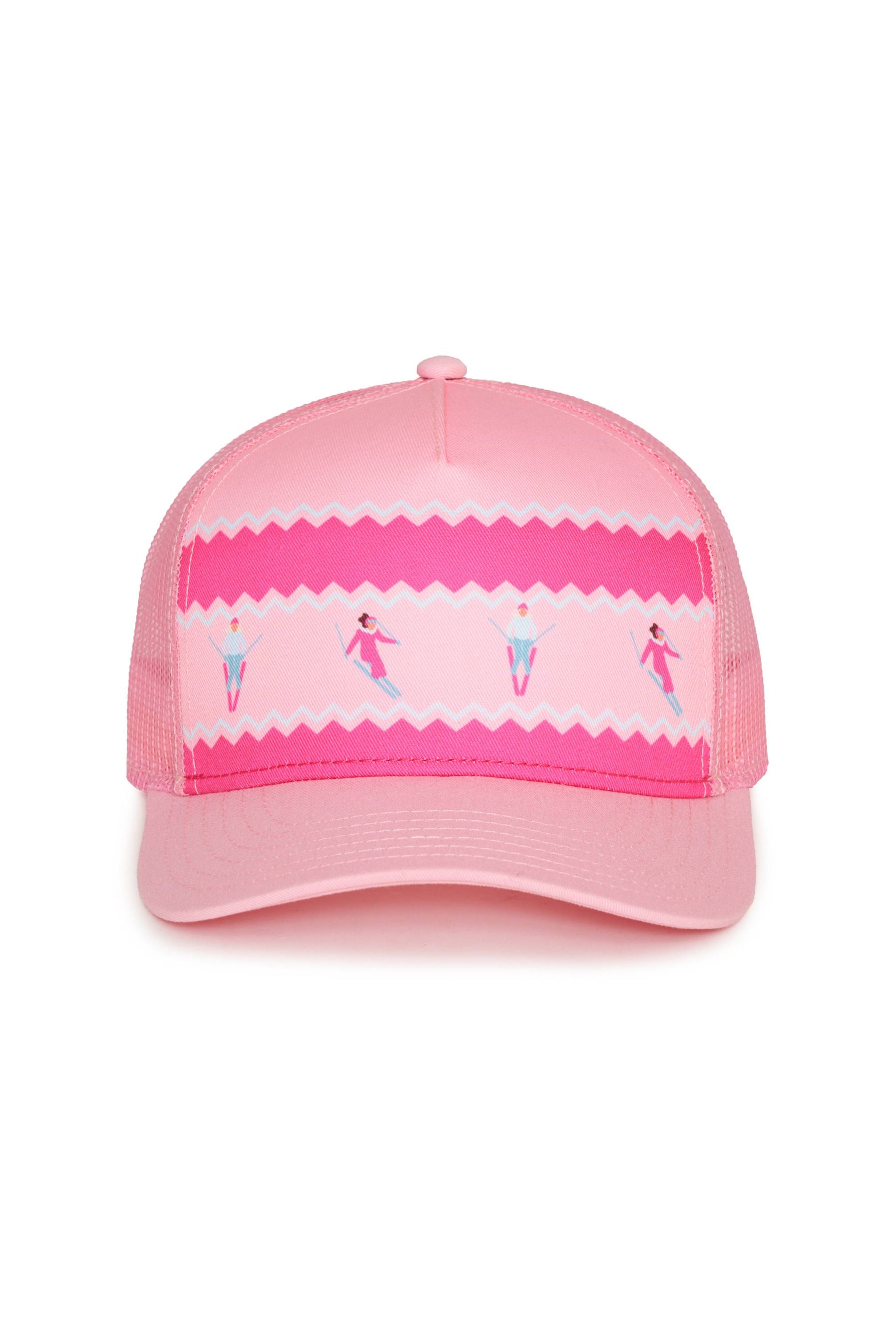 Pink cap with colorful graphic on a white background