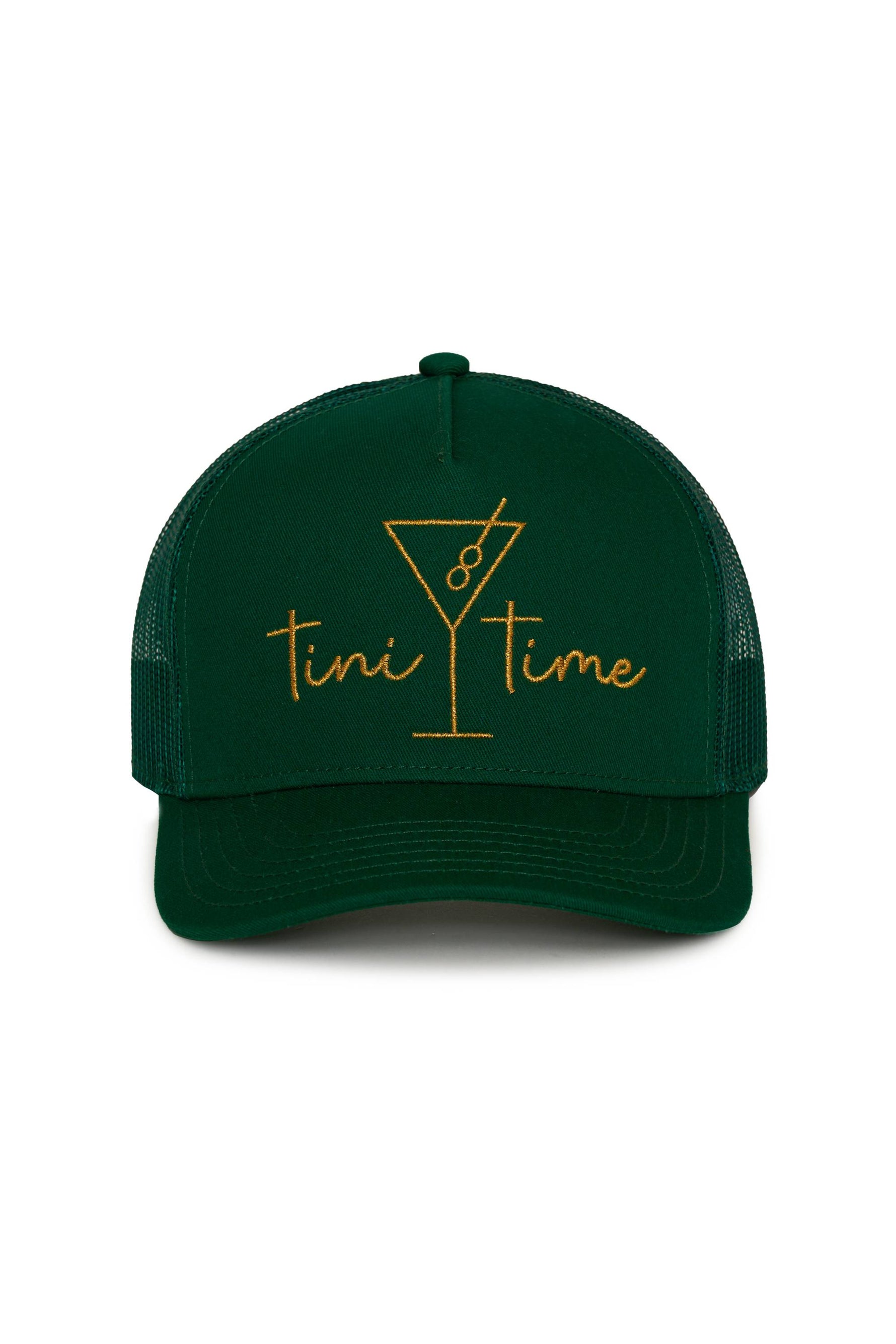 Green cap with 'tini time' text and martini glass design on a white background