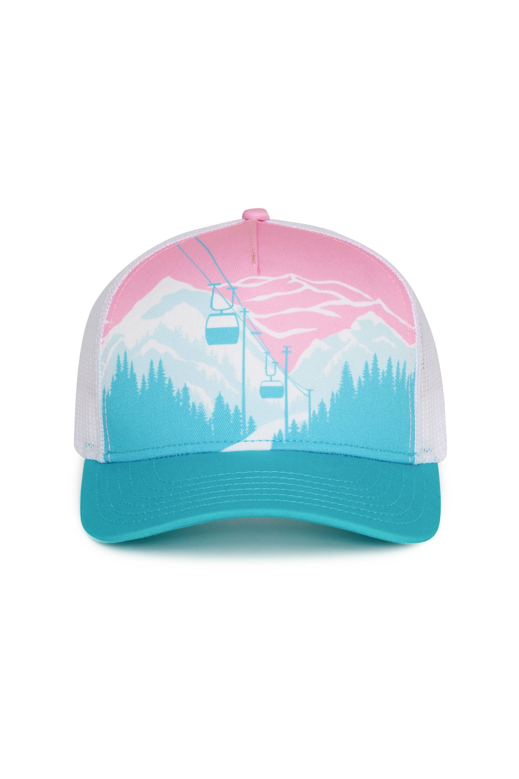 Trucker hat with mountain and ski lift design on a white background