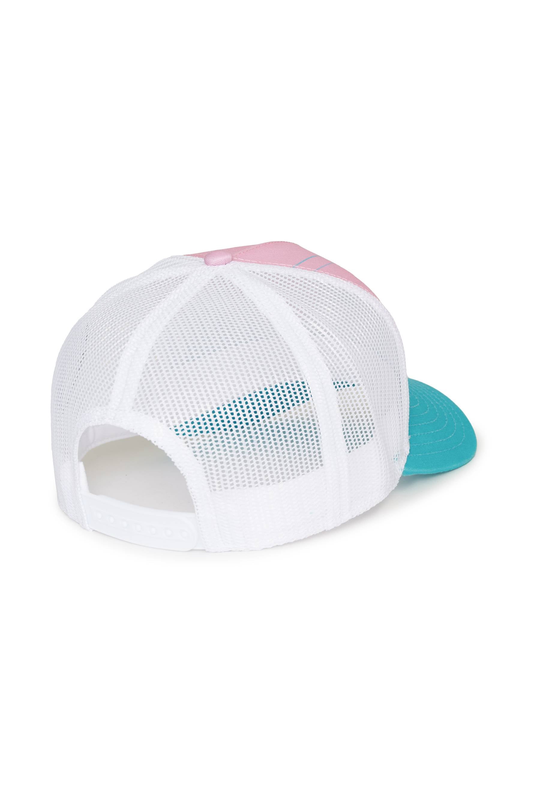 White cap with pink and teal visor on a white background