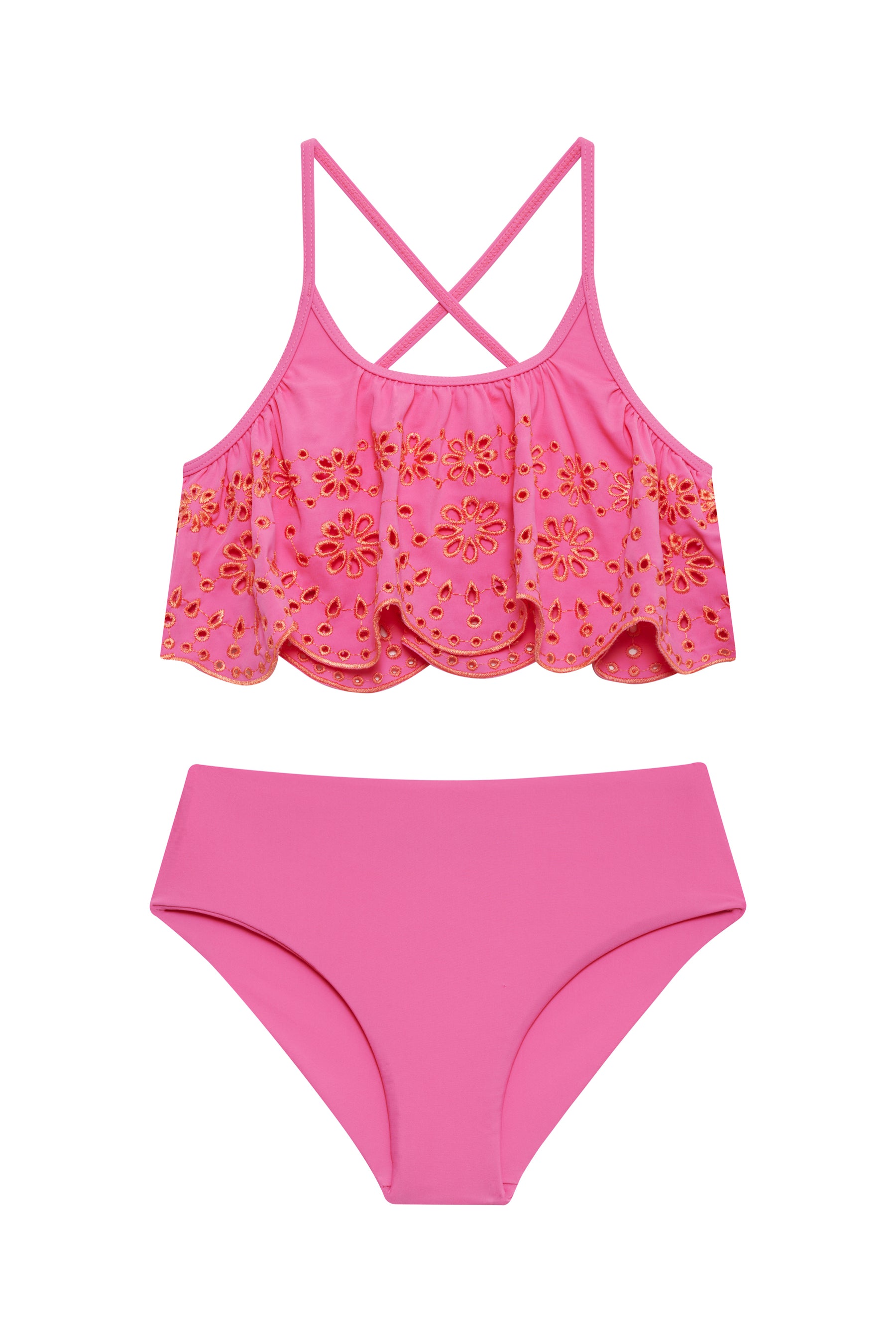 Pink bikini set with floral lace details on a white background