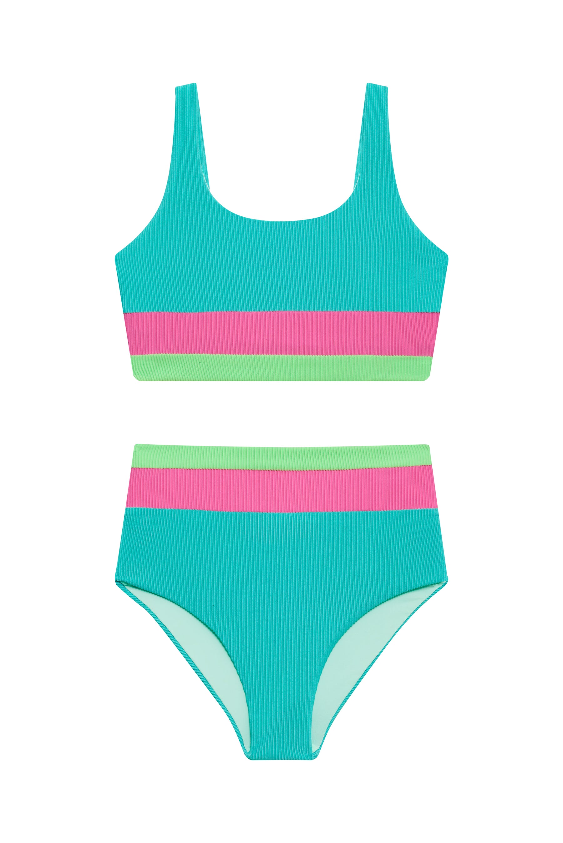 Two-piece swimsuit with teal, pink, and green color scheme on a white background