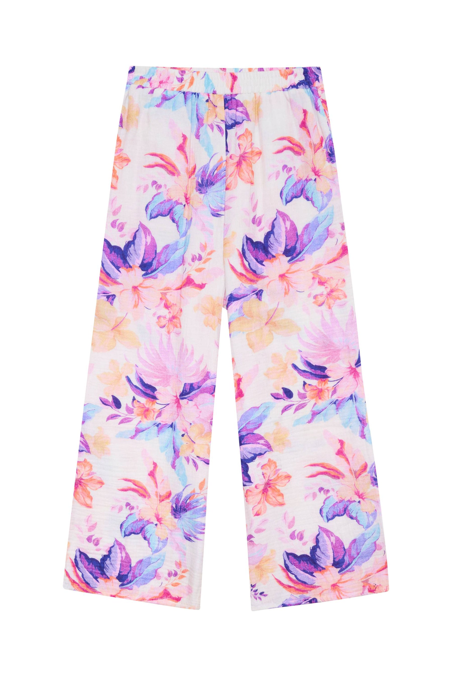 Colorful floral-patterned pants on a white background