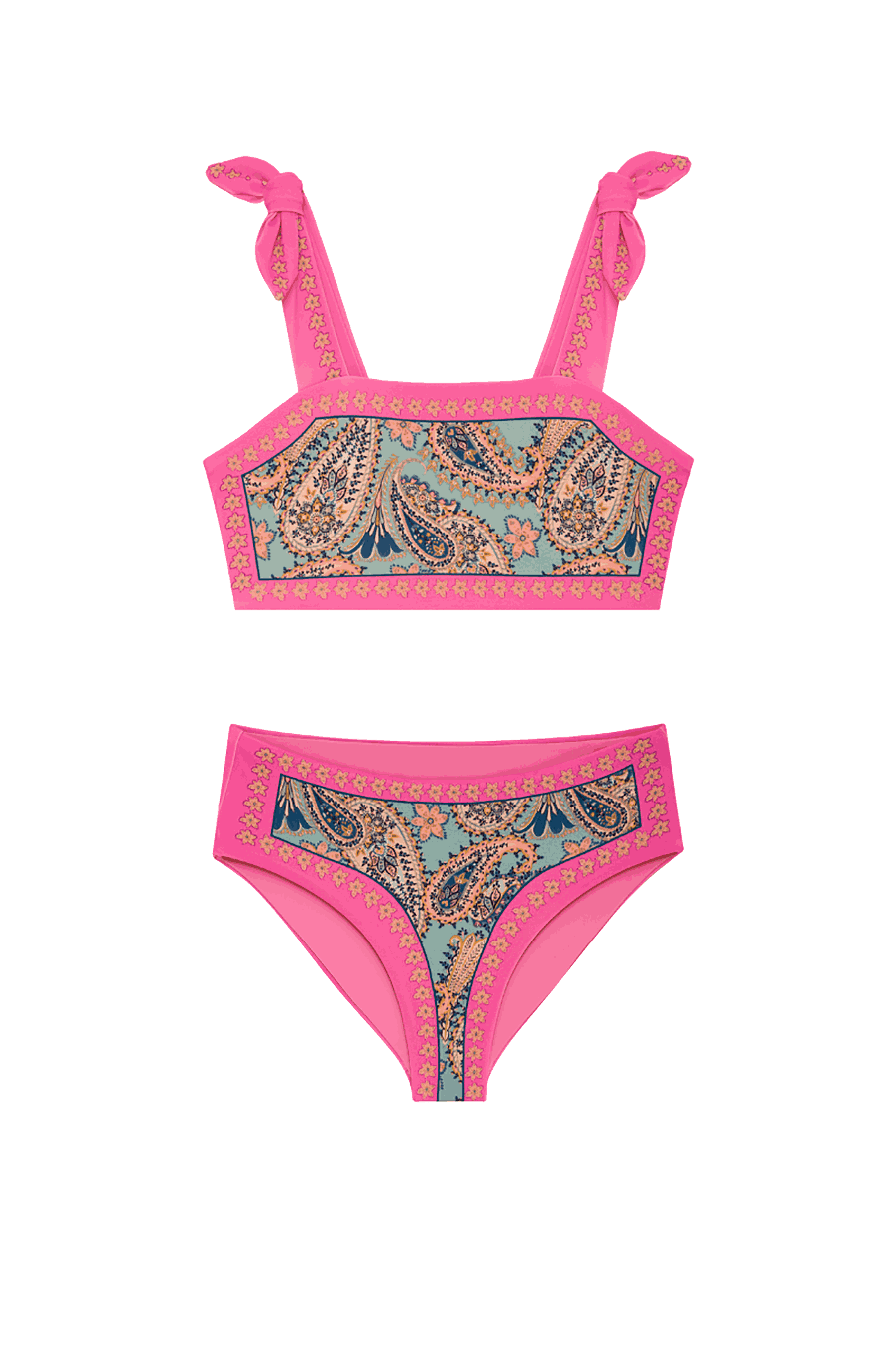 A two-piece bikini set featuring a bright pink base with a central paisley pattern in teal, beige, and brown, and gold geometric borders. The top has tie-shoulder straps, and the bottom is high-waisted.