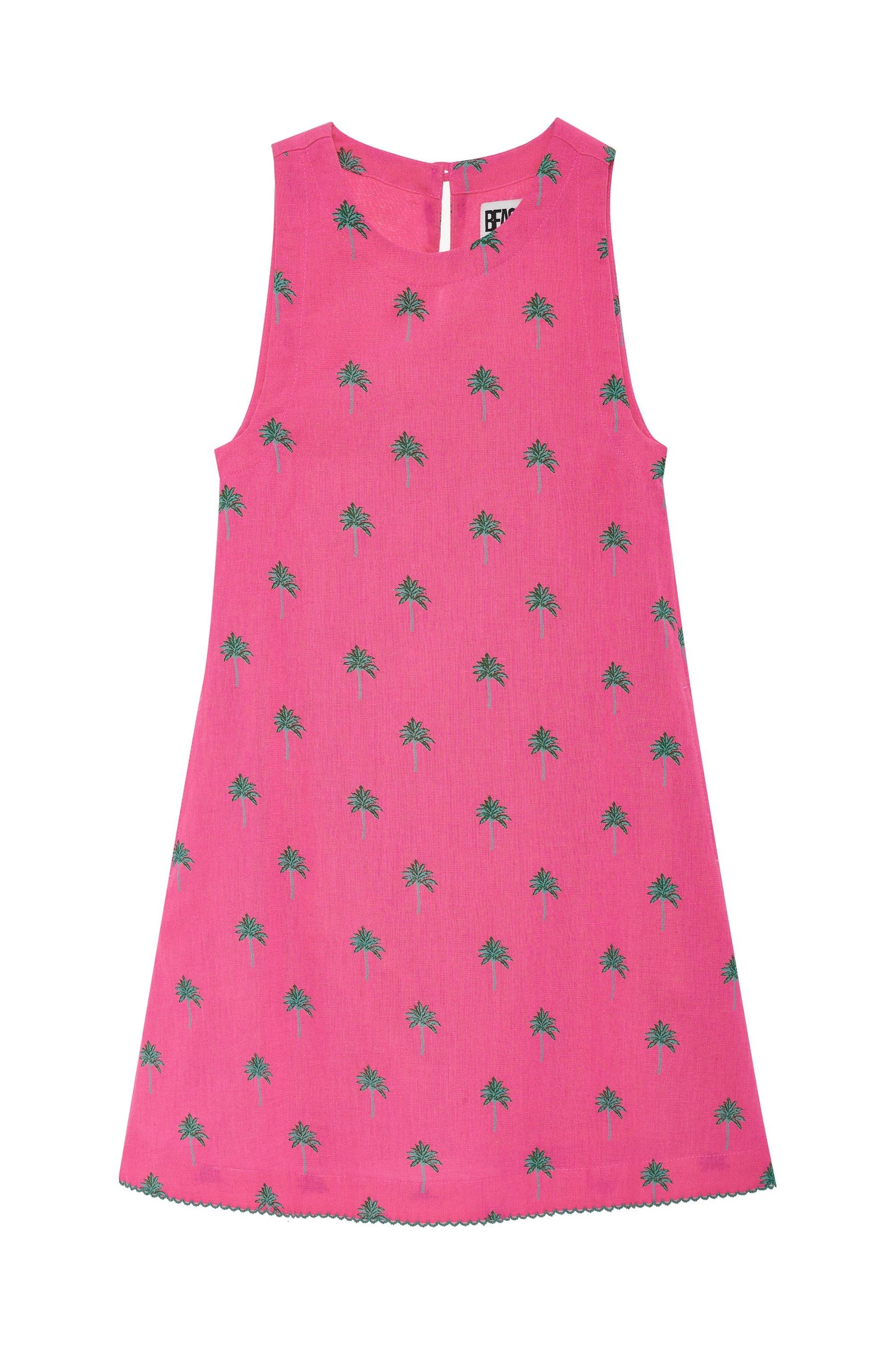A sleeveless pink dress with an all-over green palm tree pattern, shown flat against a white background.