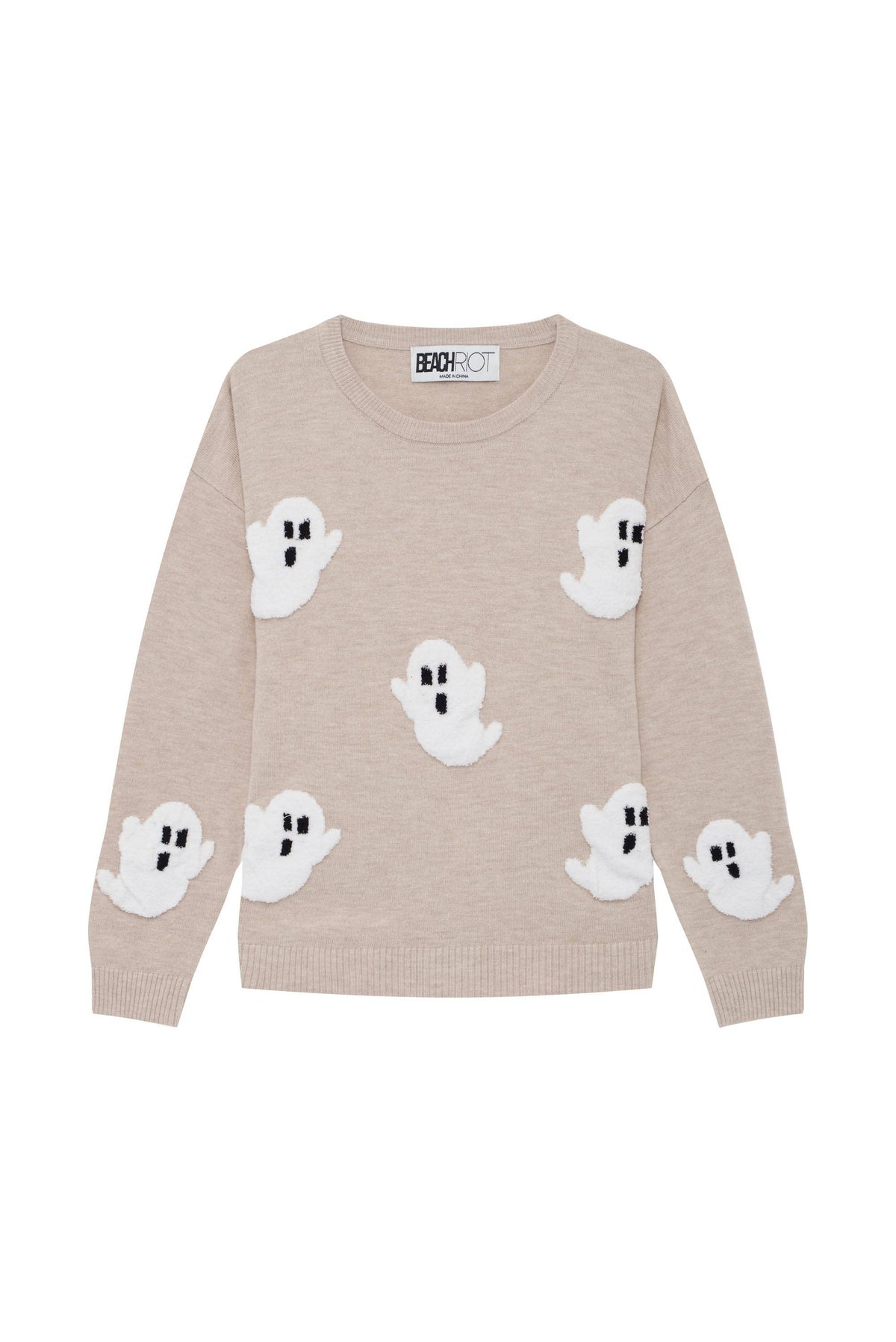 Kids oatmeal sweater with white ghosts print. 