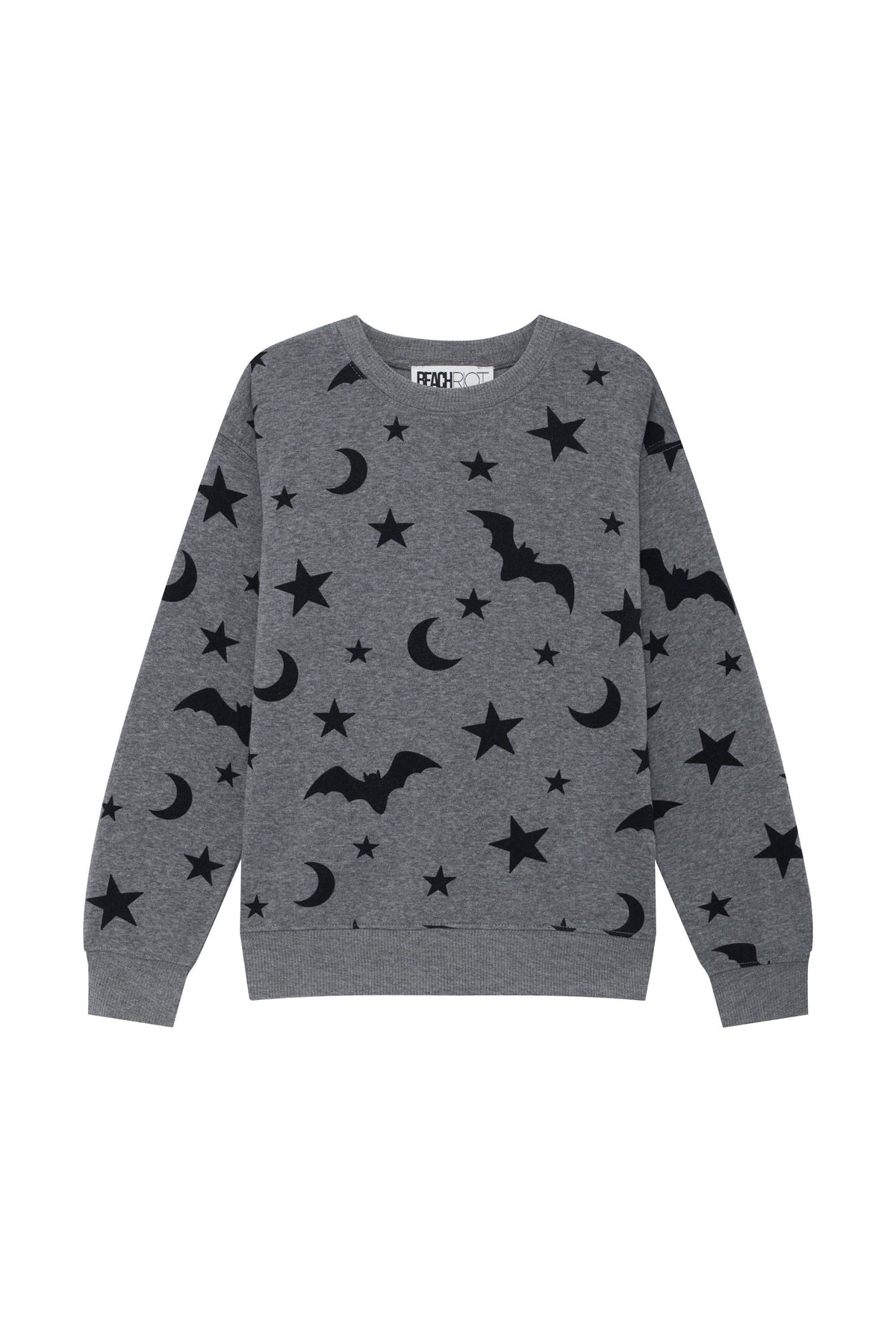 A heather gray crewneck sweatshirt with an all-over black print of stars, moons, and bats, displayed flat against a solid white background.
