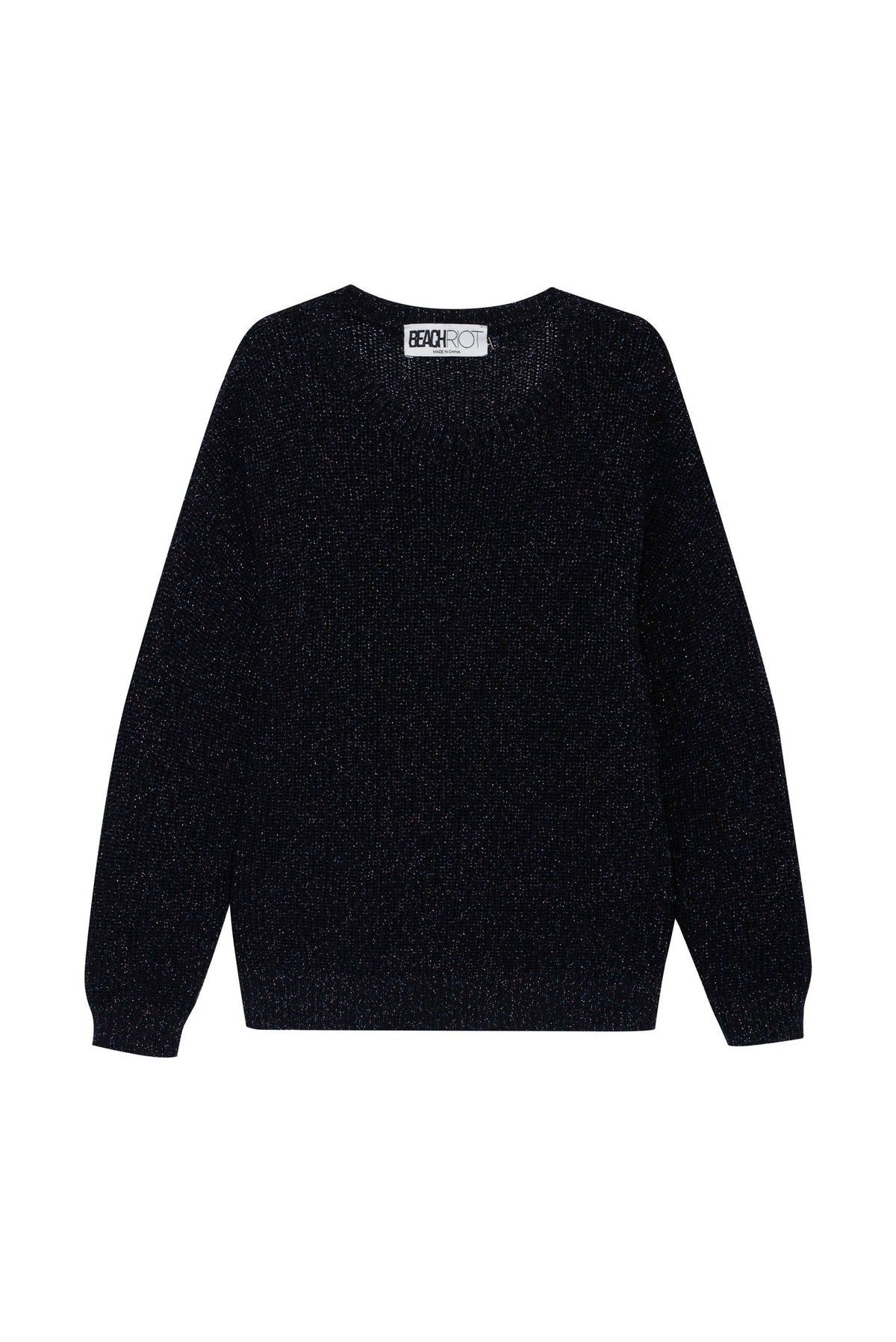A dark navy blue knit sweater with a subtle heathered texture, featuring a crew neck and long sleeves, shown flat against a plain white background.