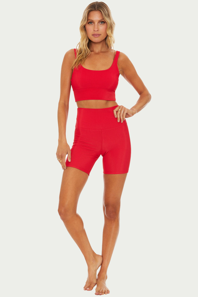 red ribbed bike short
