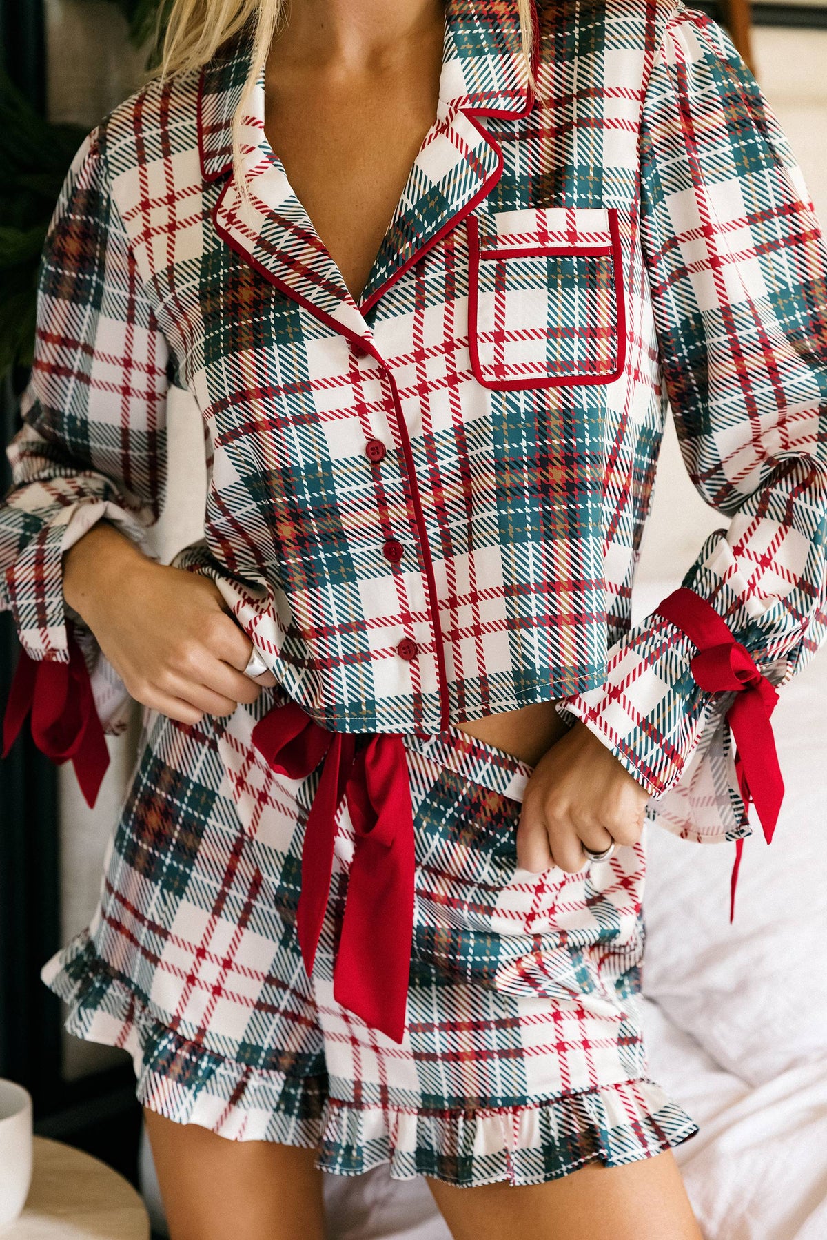 Aurora & Luna Pj Set Frosted Pine Plaid Satin