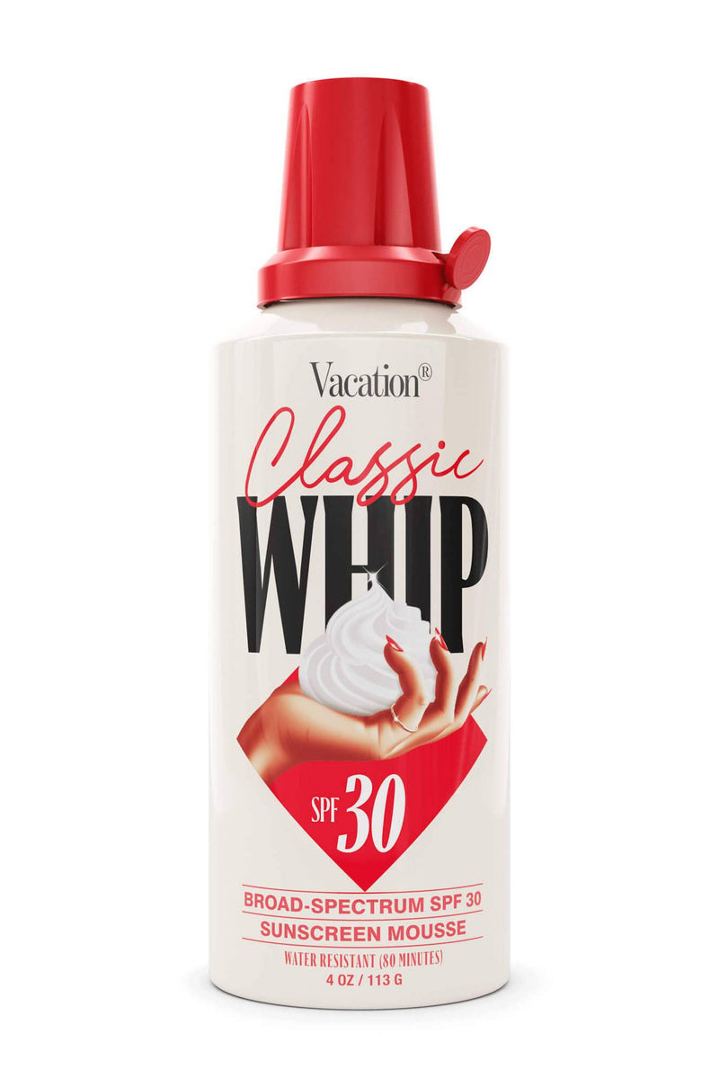 A pump bottle of Vacation Classic Whip Sunscreen with SPF 30, featuring an image of a perfect mount of sunscreen and the brand logo.