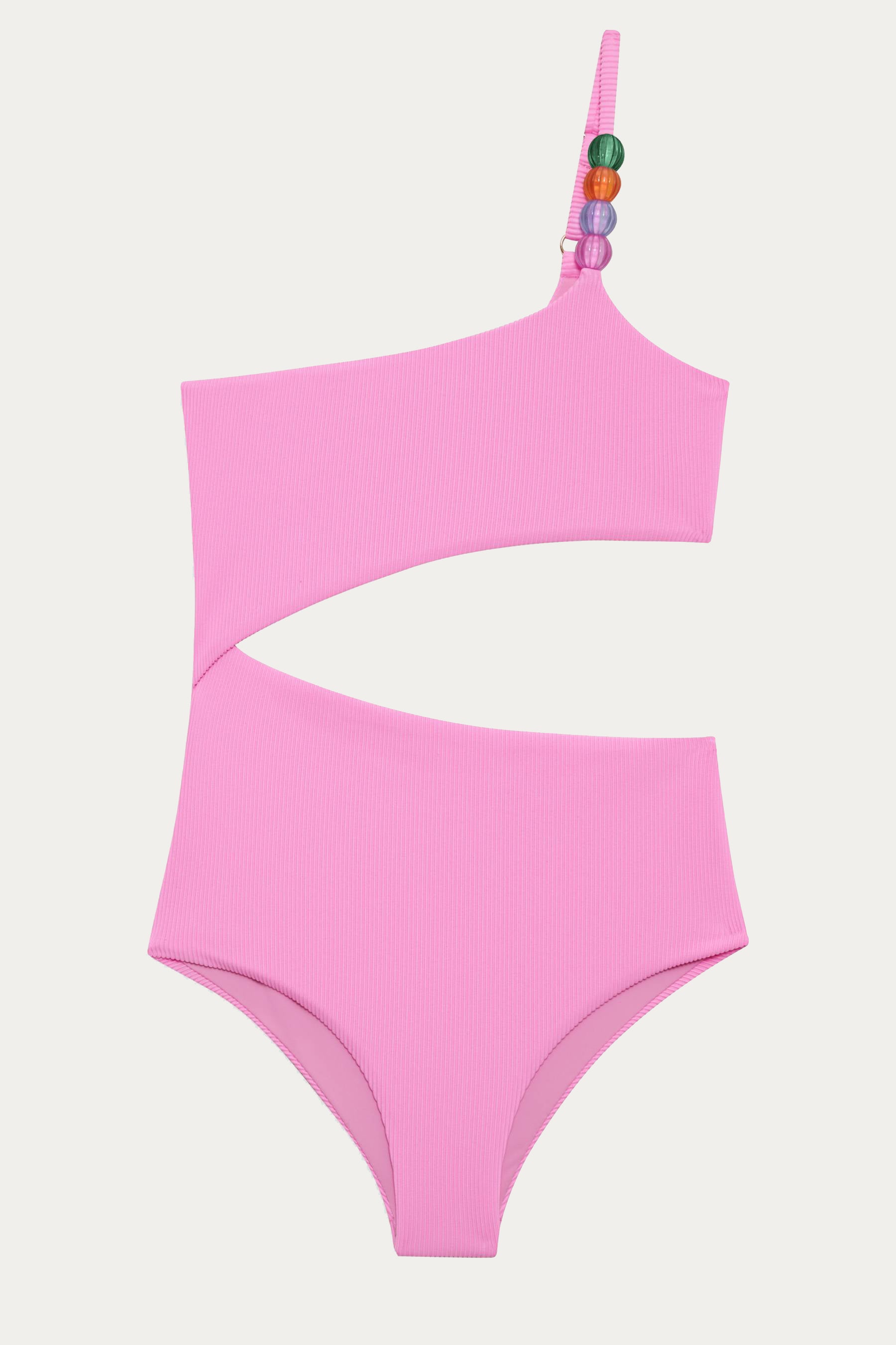 Pink bikini set with colorful straps on a light gray background