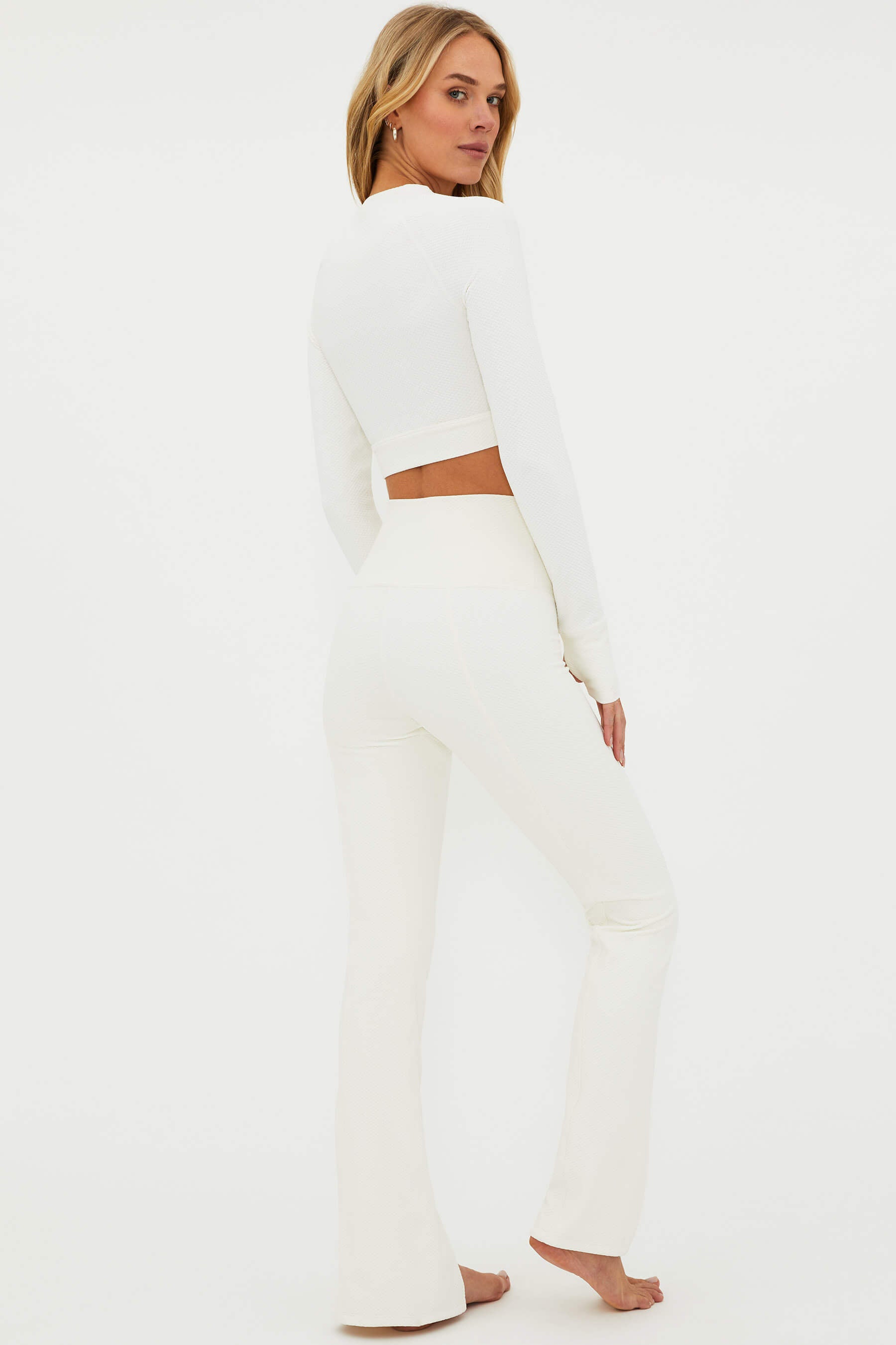high waist flare leggings with white waffle fabric