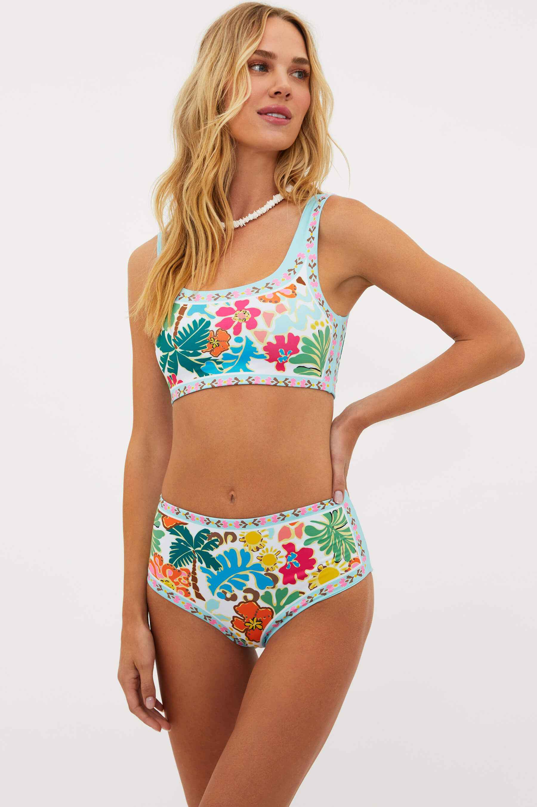 tropical floral mid rise swim bottom