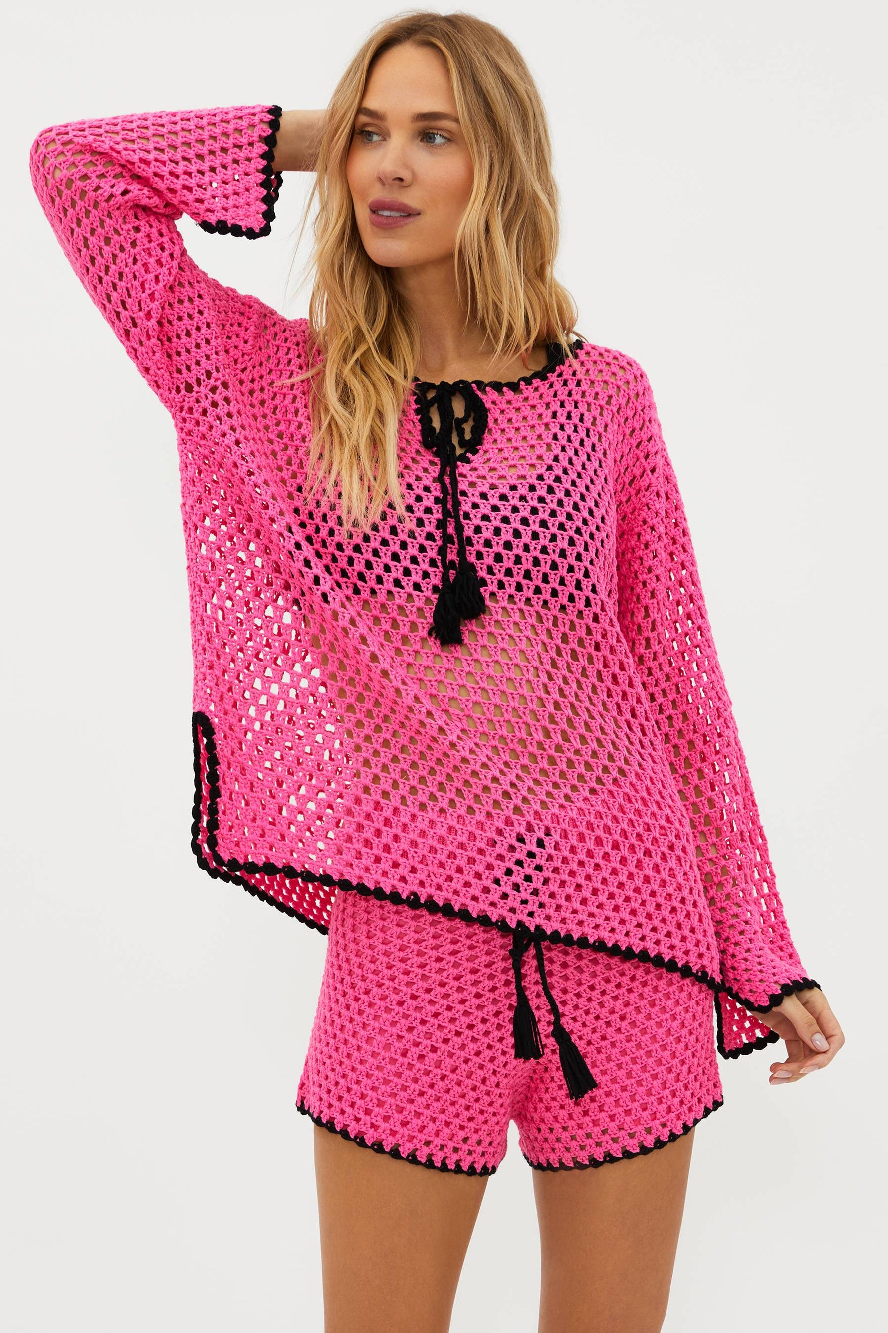 neon pink crochet swim cover up top