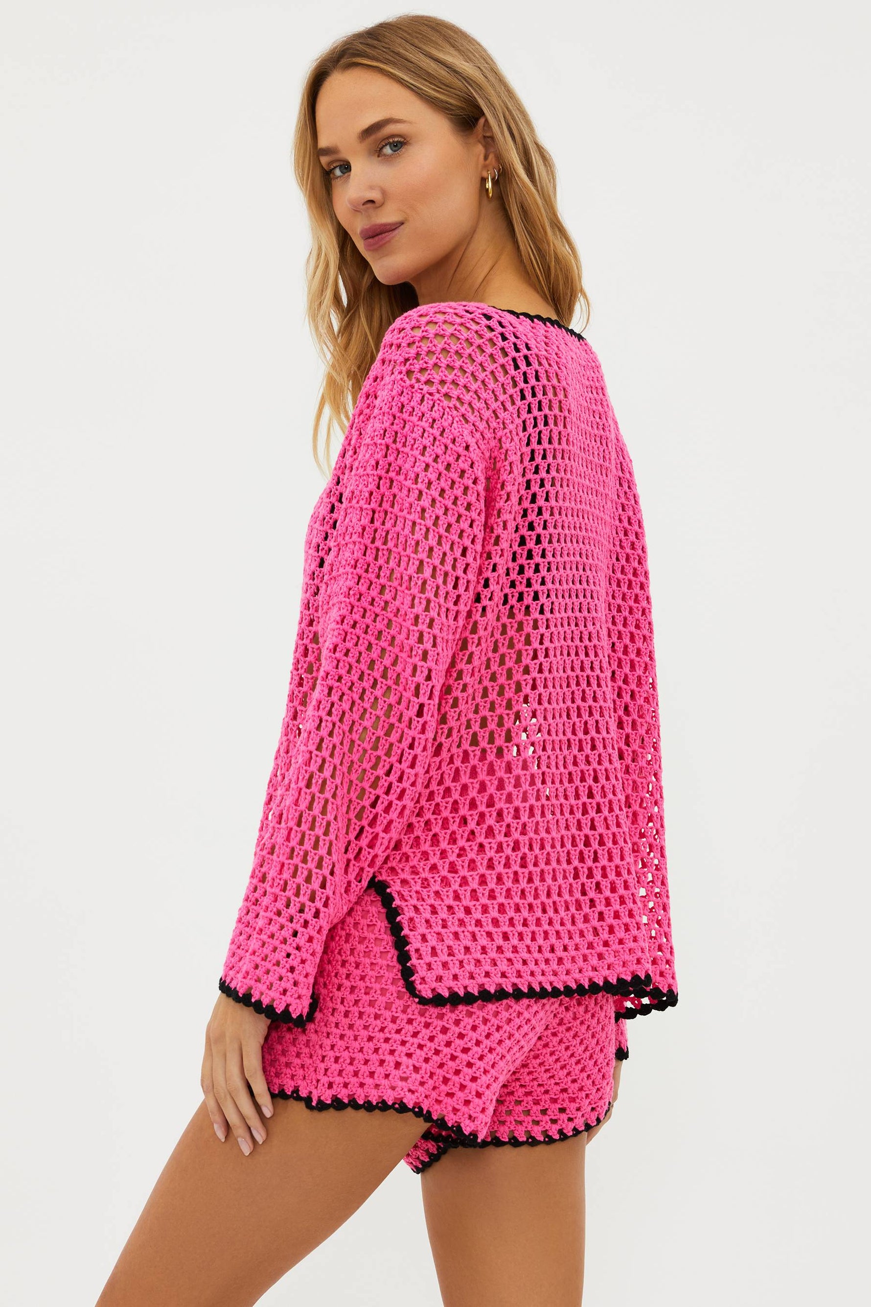 neon pink crochet swim cover up top