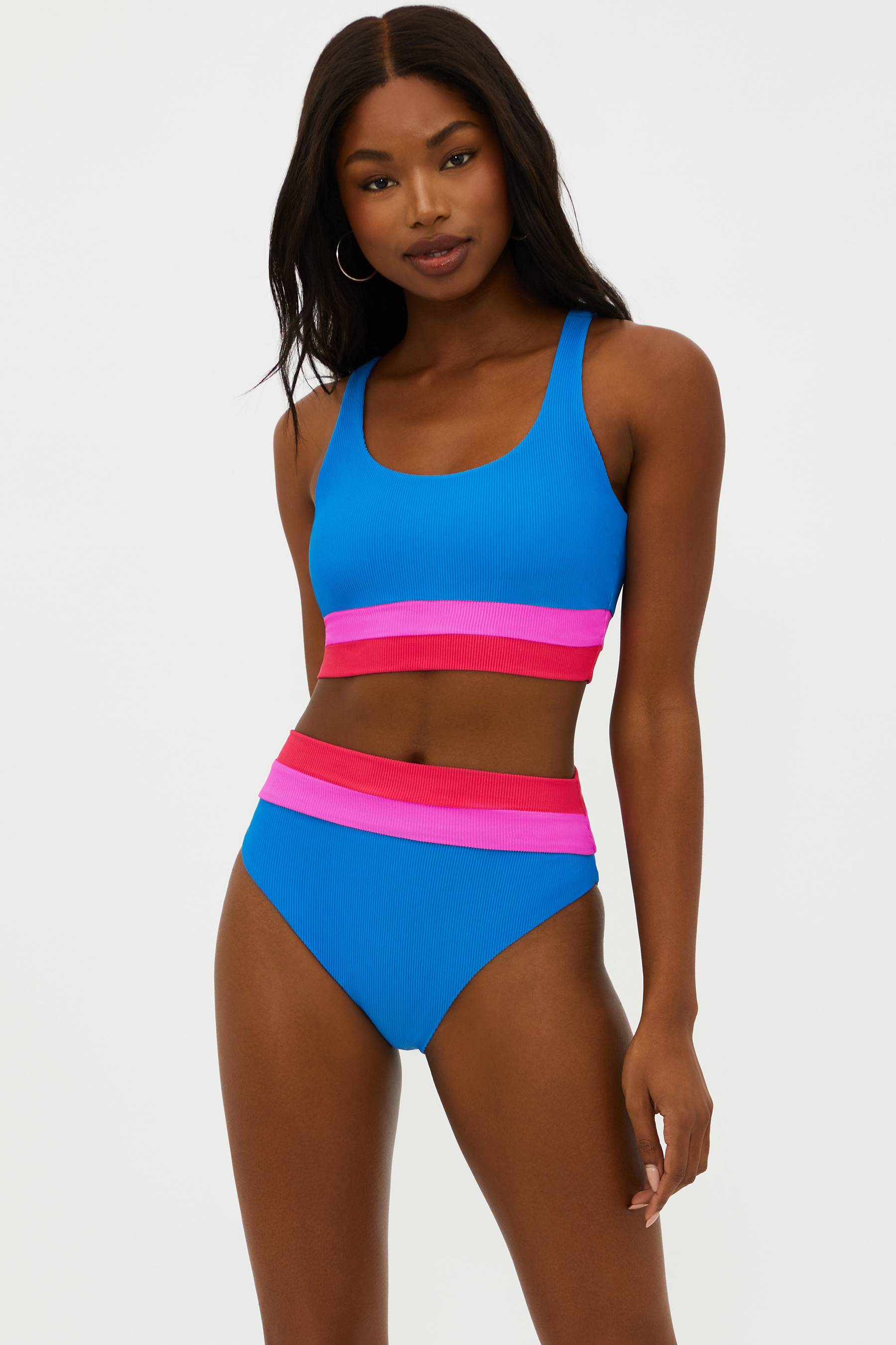 blue and pink ribbed two piece swimsuit 